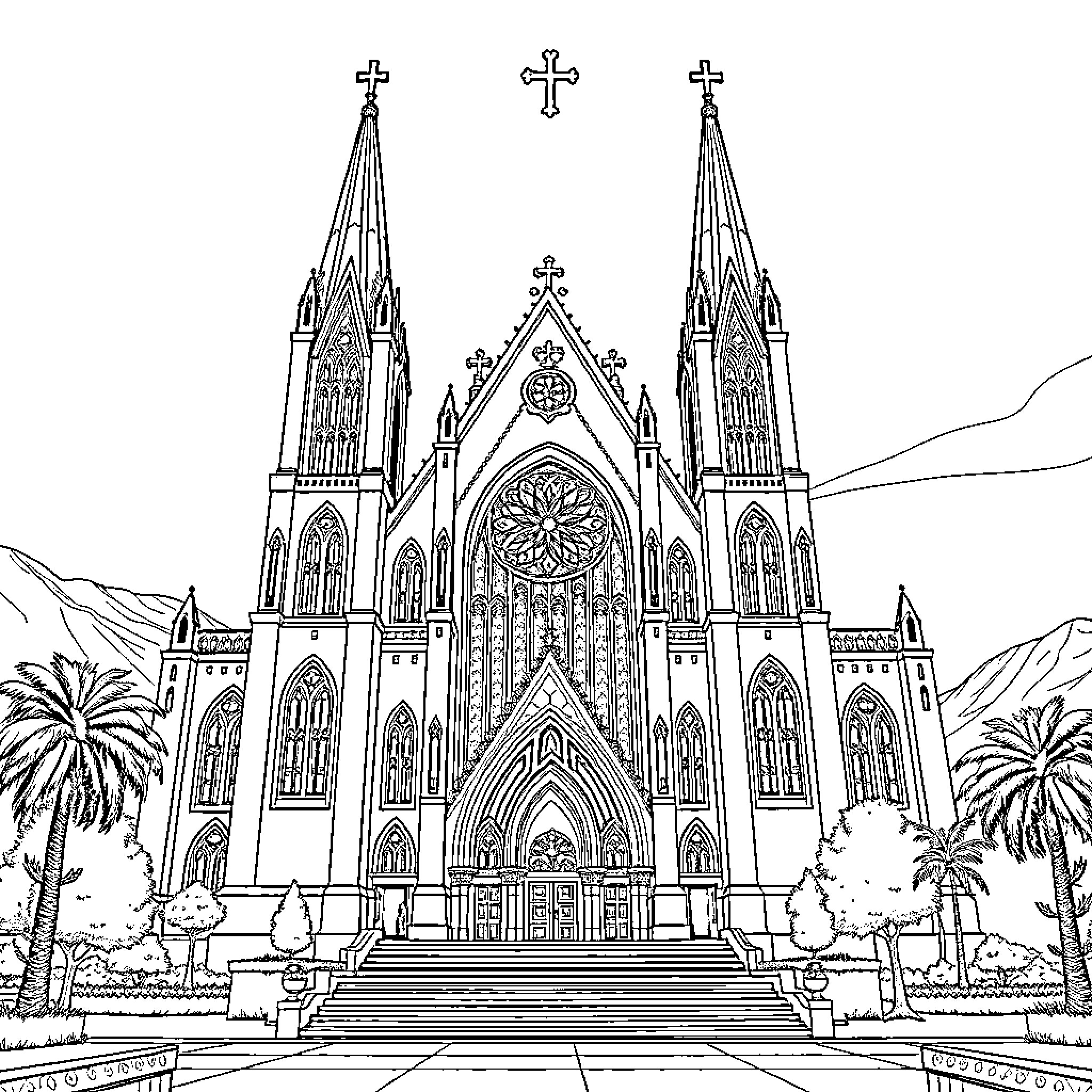 Catedral: Magnificent Gothic Architecture with Ornate Details Coloring Page (free black-and-white line drawing printable PDF for all, from beginners to advanced learners, including children, teens, adults, and seniors)