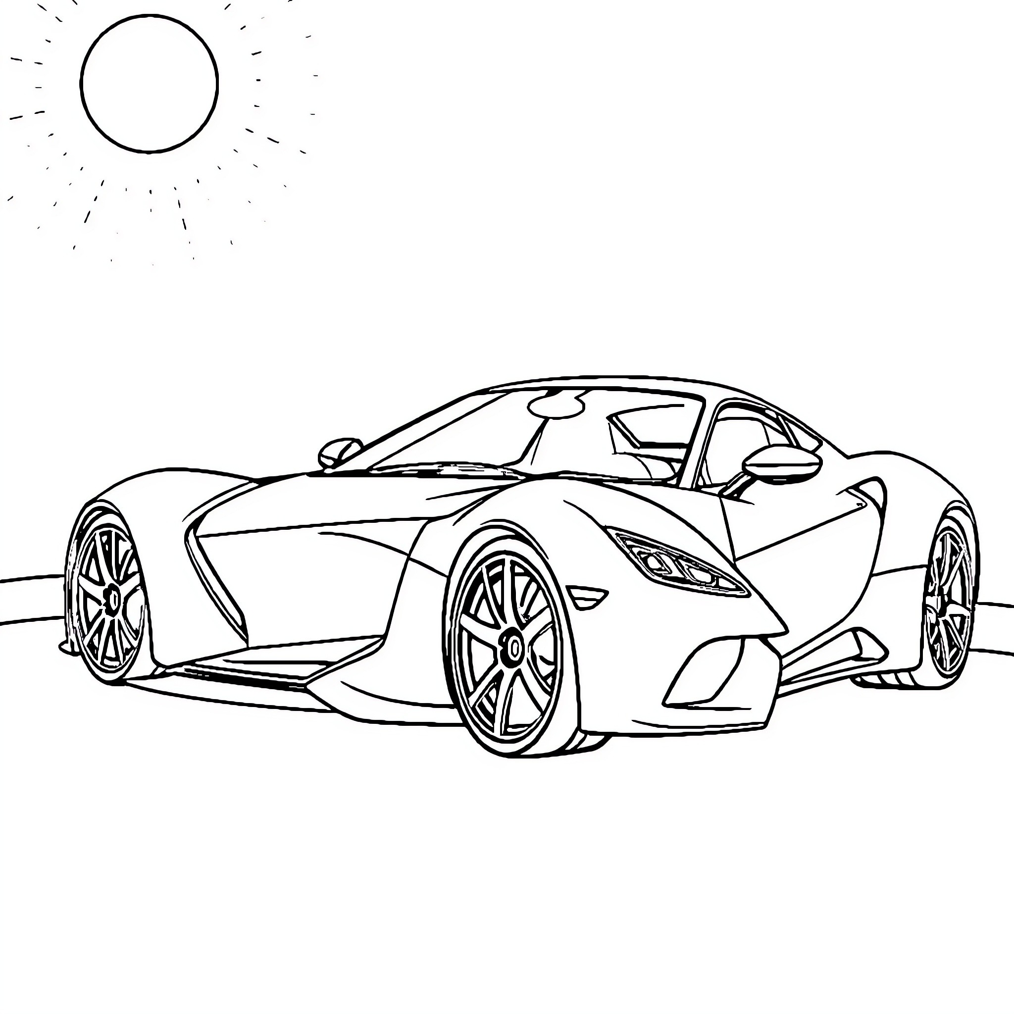 Sports Car Speeding on the Road Coloring Page (free black-and-white line drawing printable PDF for all, from beginners to advanced learners, including children, teens, adults, and seniors)