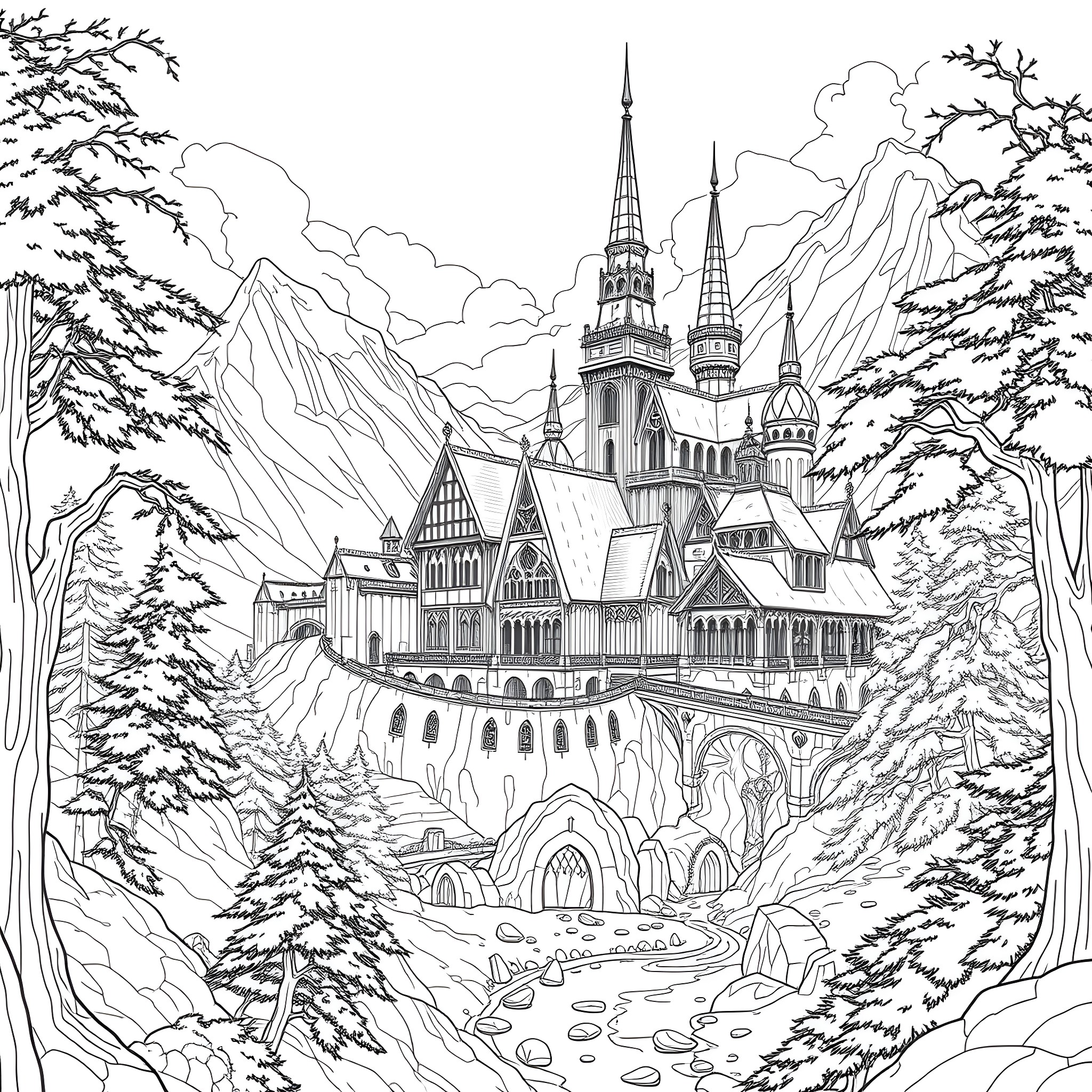 Elmast: Enchanting Castle Amid Majestic Mountains Coloring Page (free black-and-white line drawing printable PDF for all, from beginners to advanced learners, including children, teens, adults, and seniors)