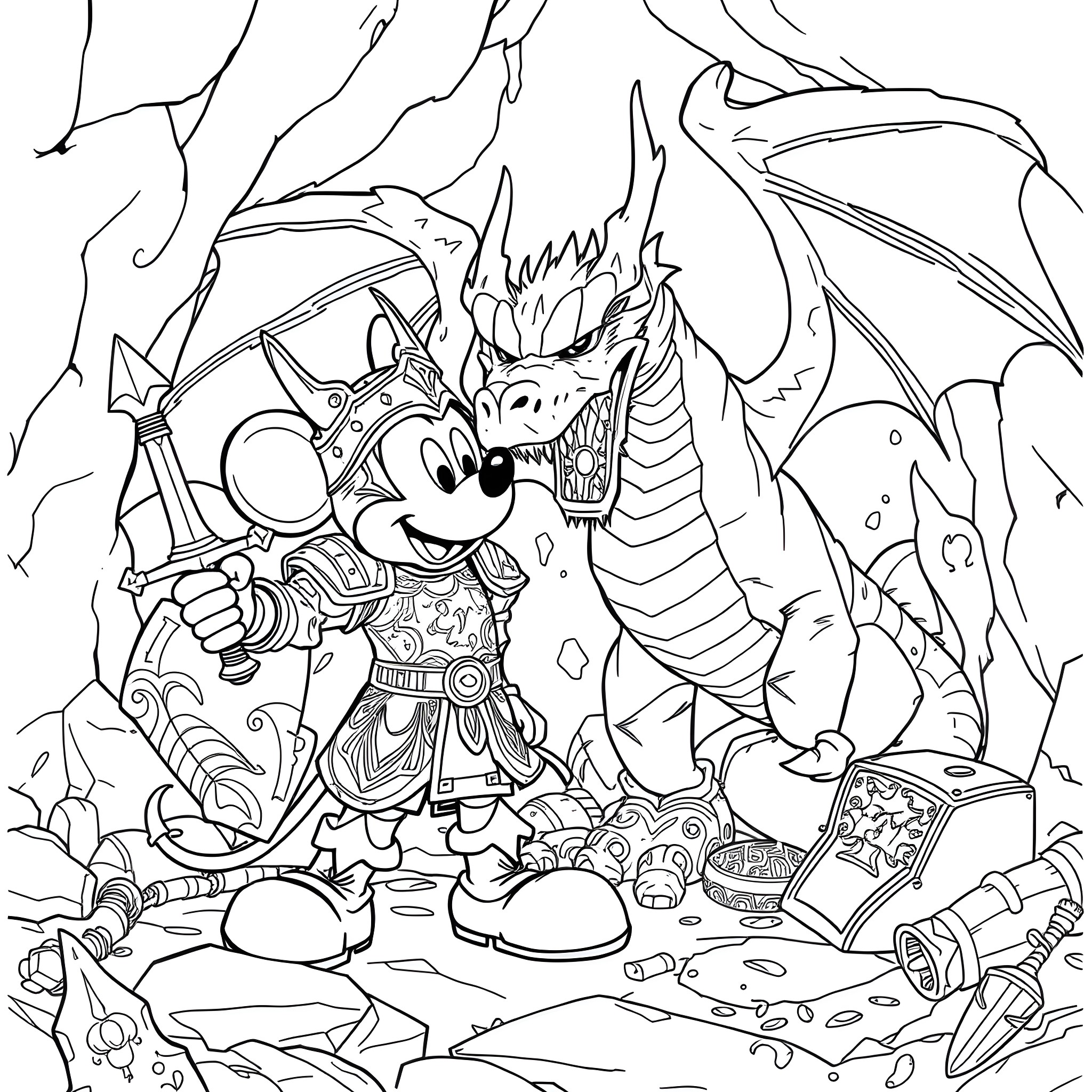 Mickey Mouse Battling Dragon in Fantasy Cave Coloring Page (free black-and-white line drawing printable PDF for all, from beginners to advanced learners, including children, teens, adults, and seniors)