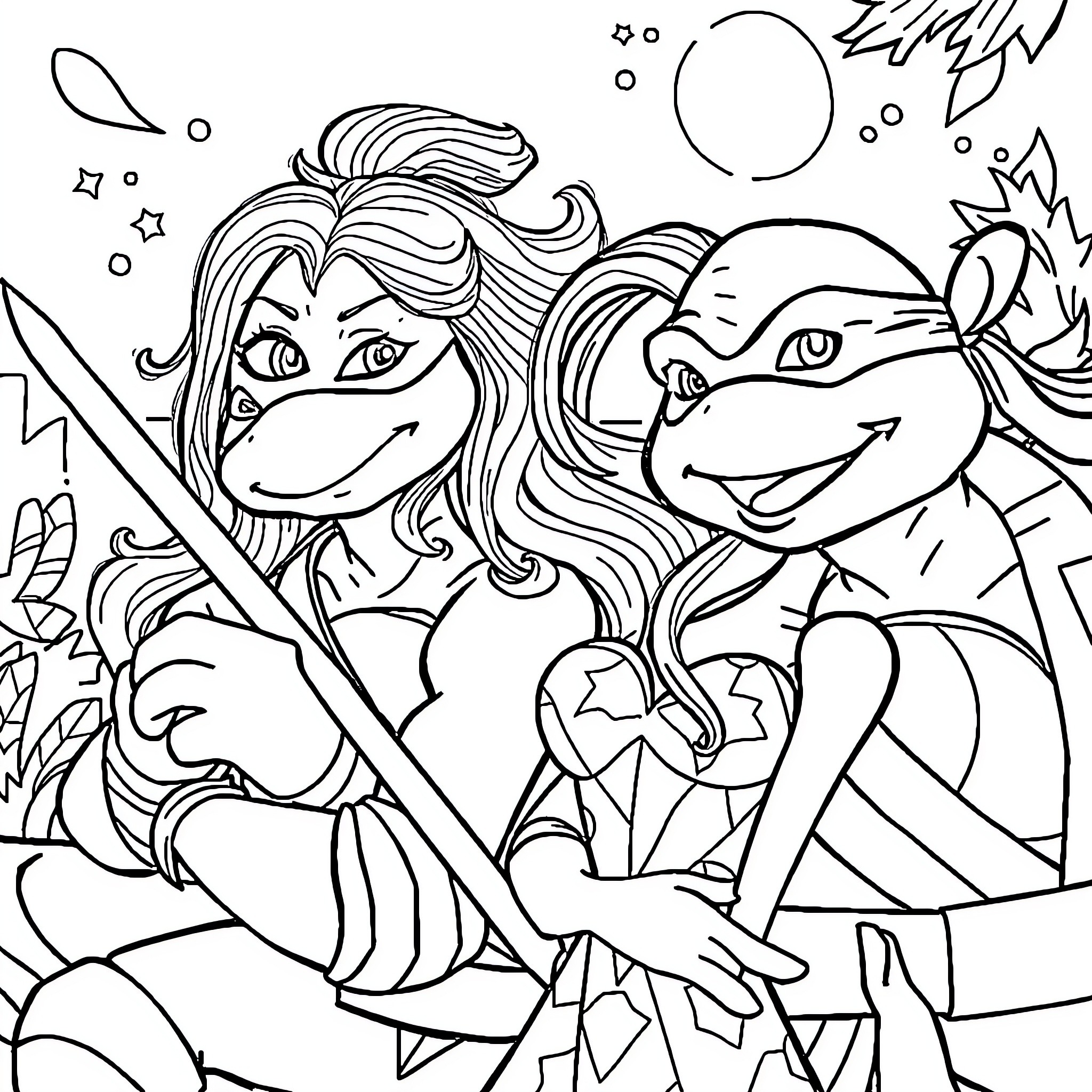 Ninja Turtles playfully battle in cartoon adventure Coloring Page (free black-and-white line drawing printable PDF for all, from beginners to advanced learners, including children, teens, adults, and seniors)