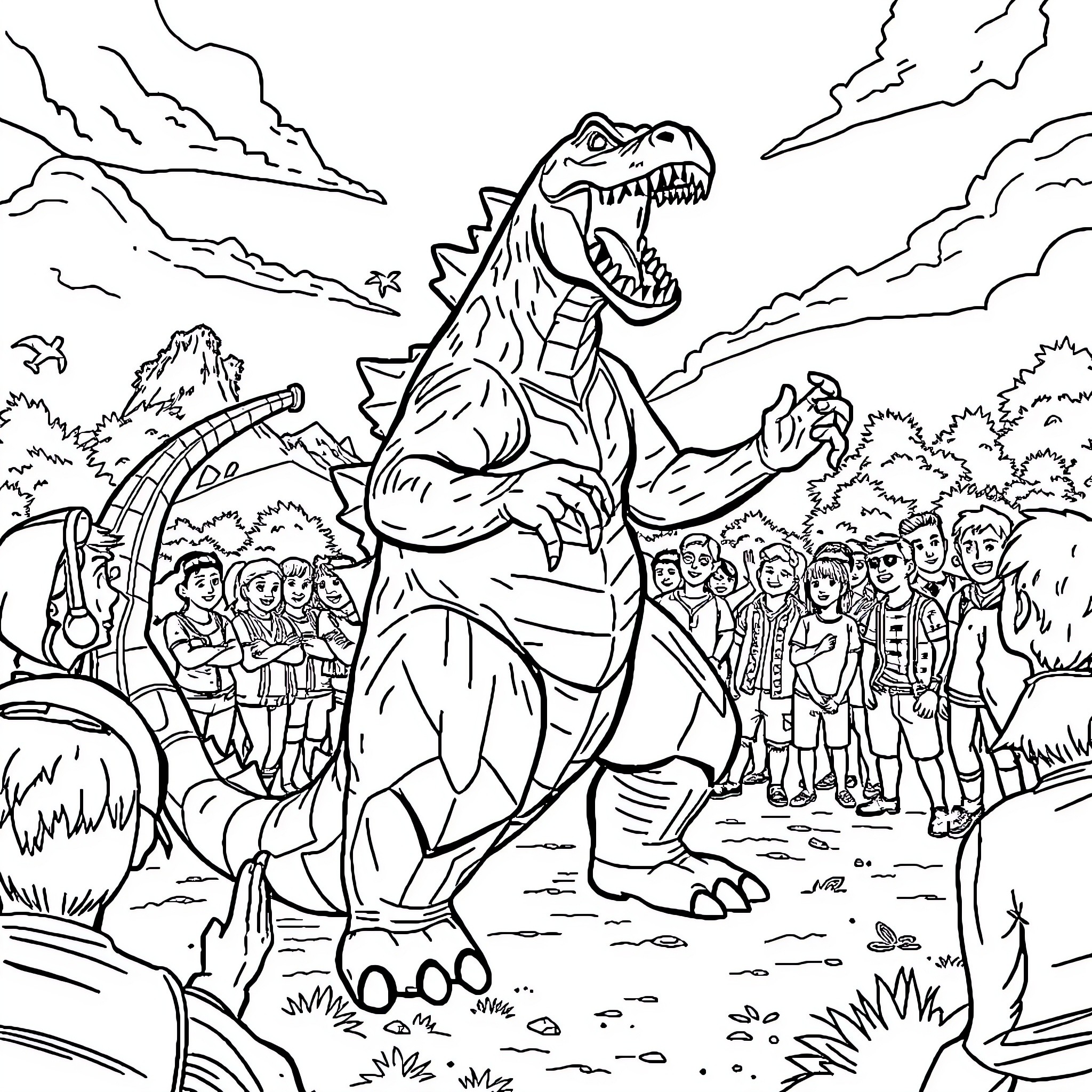 Godzilla rampaging through a crowd of people Coloring Page (free black-and-white line drawing printable PDF for all, from beginners to advanced learners, including children, teens, adults, and seniors)