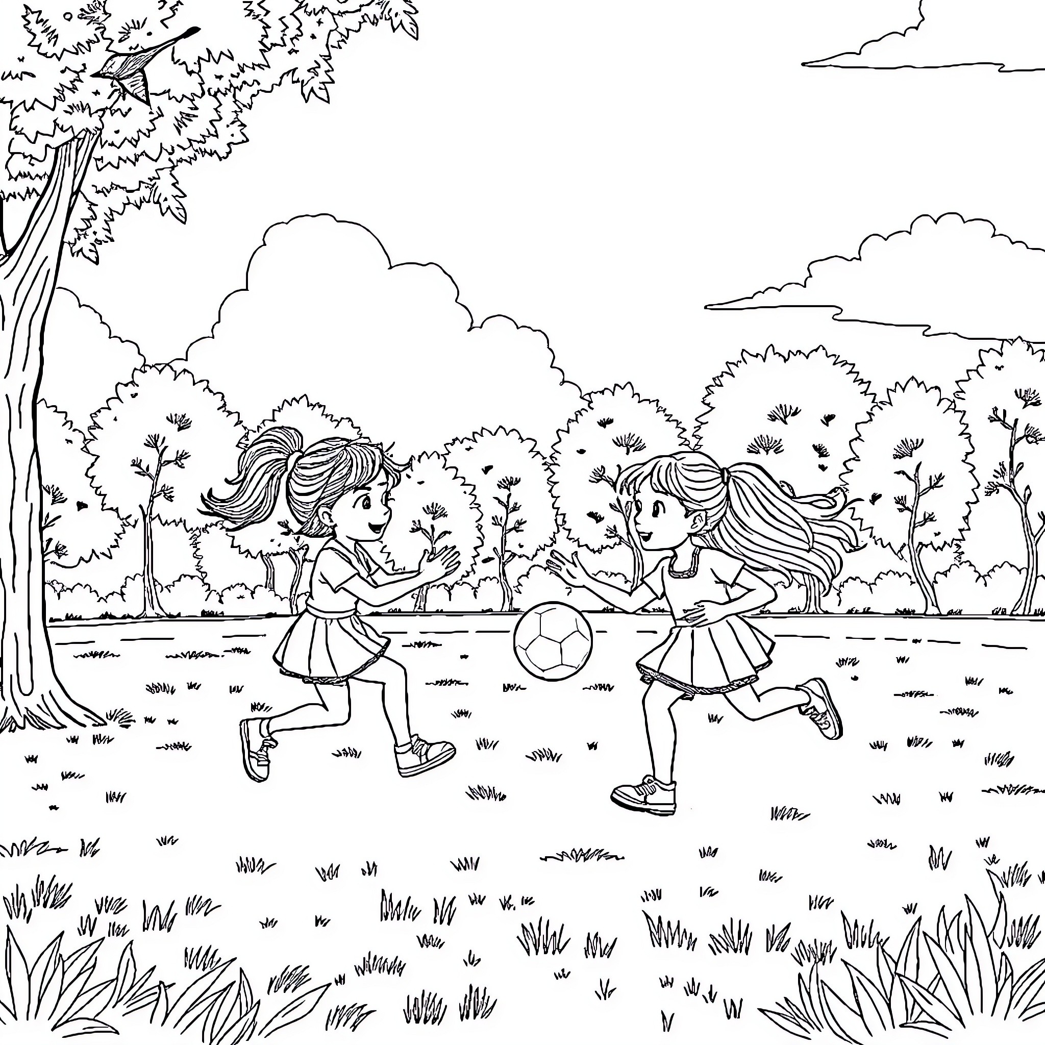 Nina's Joyful Day with Friends in the Park Coloring Page (free black-and-white line drawing printable PDF for all, from beginners to advanced learners, including children, teens, adults, and seniors)