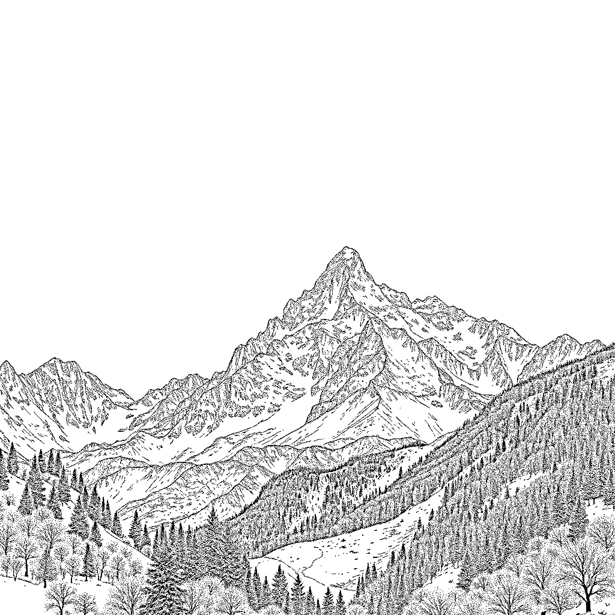 Mountain landscape with snowy peaks and forested valleys Coloring Page (free black-and-white line drawing printable PDF for all, from beginners to advanced learners, including children, teens, adults, and seniors)