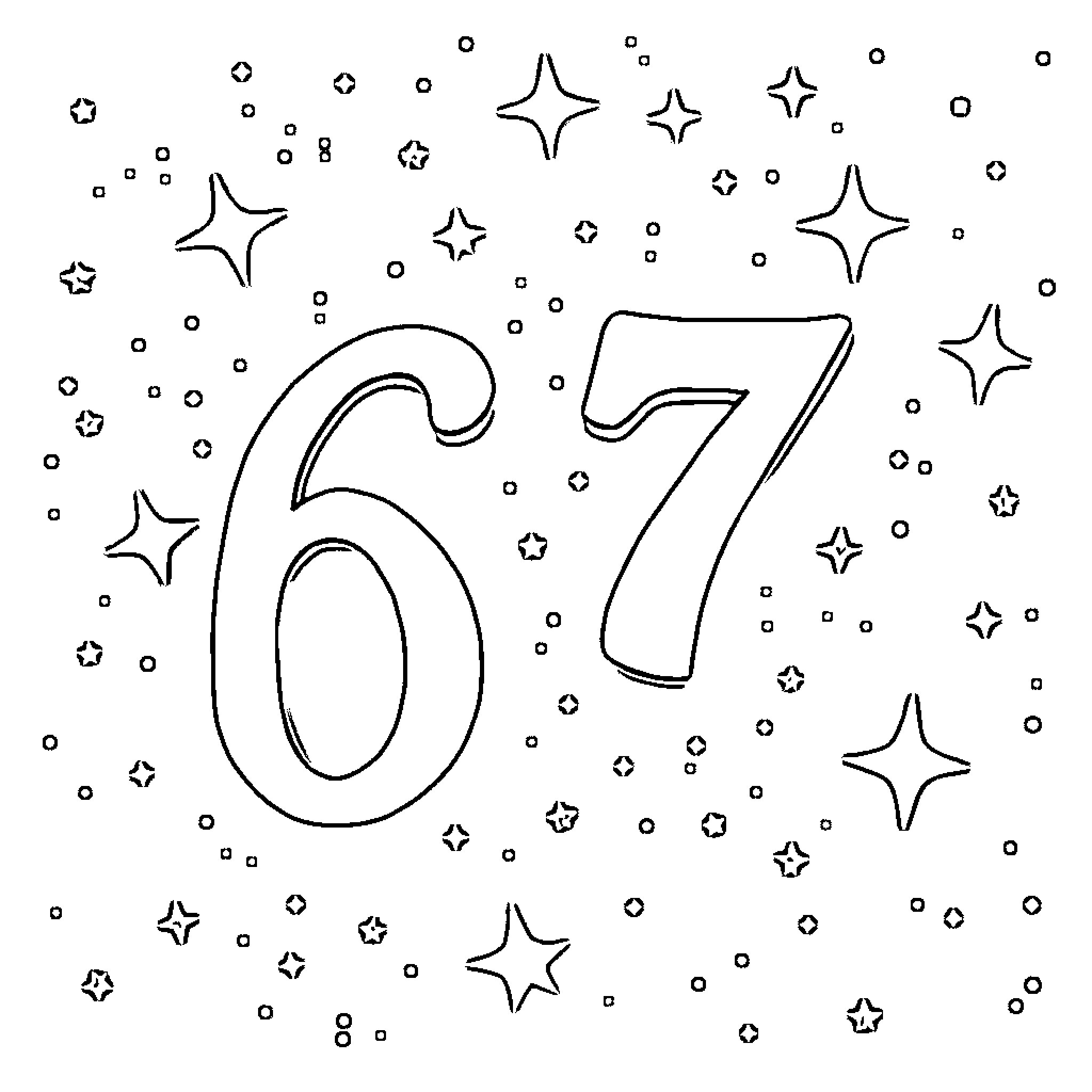 Number 67 Surrounded by Glowing Stars Coloring Page (free black-and-white line drawing printable PDF for all, from beginners to advanced learners, including children, teens, adults, and seniors)