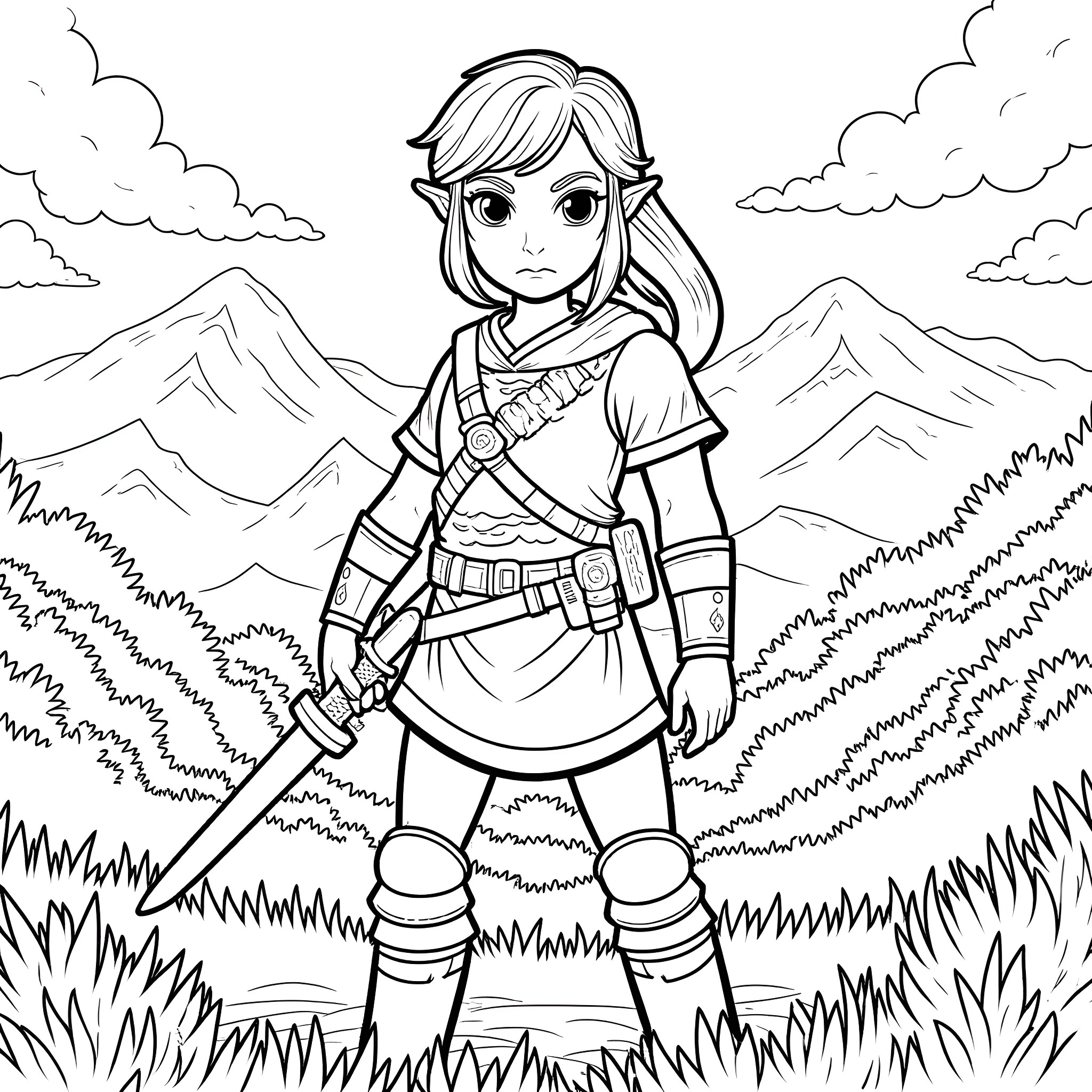 Link exploring the mountainous landscape Coloring Page (free black-and-white line drawing printable PDF for all, from beginners to advanced learners, including children, teens, adults, and seniors)