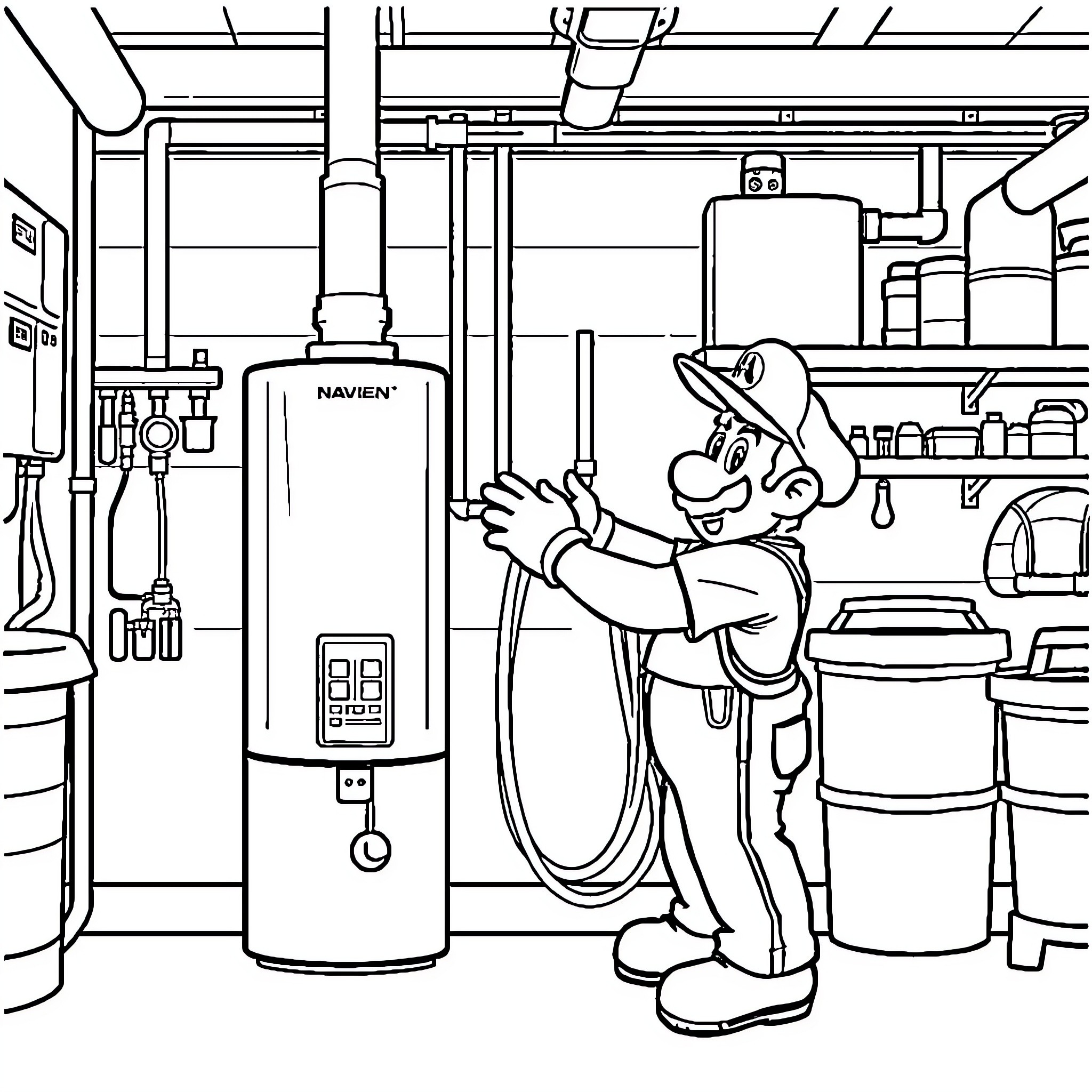 Mario Inspecting and Maintaining Heating System Coloring Page (free black-and-white line drawing printable PDF for all, from beginners to advanced learners, including children, teens, adults, and seniors)