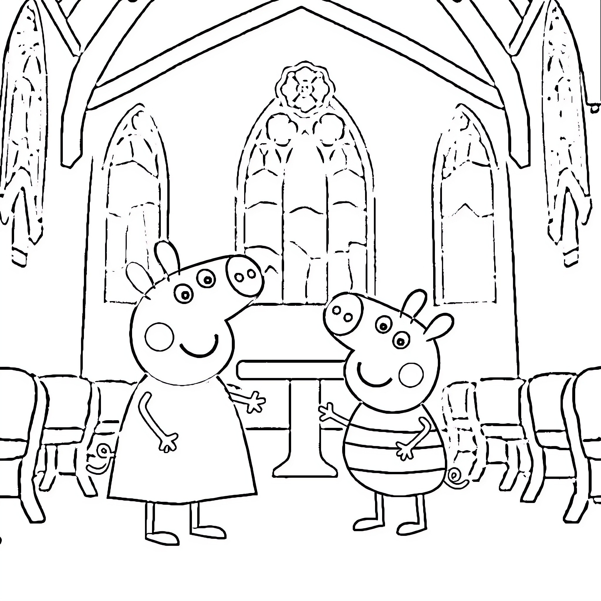 Peppa Pig and her friend in a church setting Coloring Page (free black-and-white line drawing printable PDF for all, from beginners to advanced learners, including children, teens, adults, and seniors)