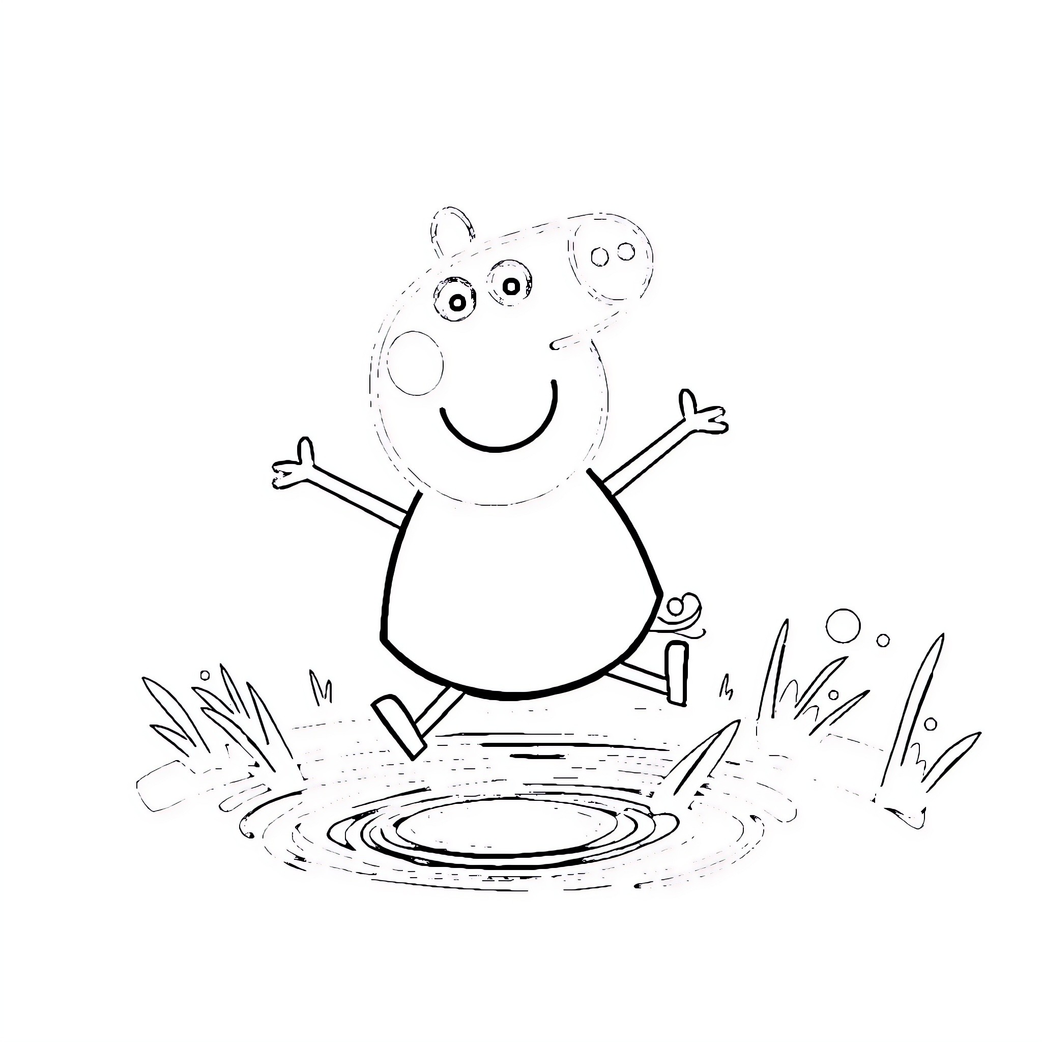 Peppa Pig splashing happily in a puddle Coloring Page (free black-and-white line drawing printable PDF for all, from beginners to advanced learners, including children, teens, adults, and seniors)