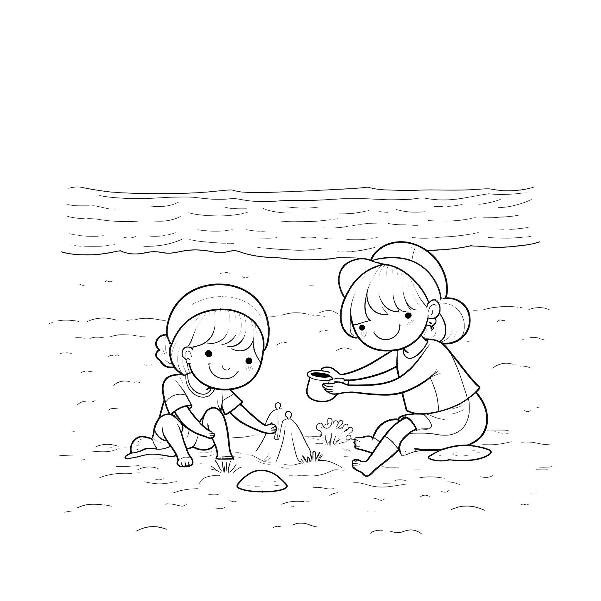 Kid playing happily on the beach Coloring Page (free black-and-white line drawing printable PDF for all, from beginners to advanced learners, including children, teens, adults, and seniors)