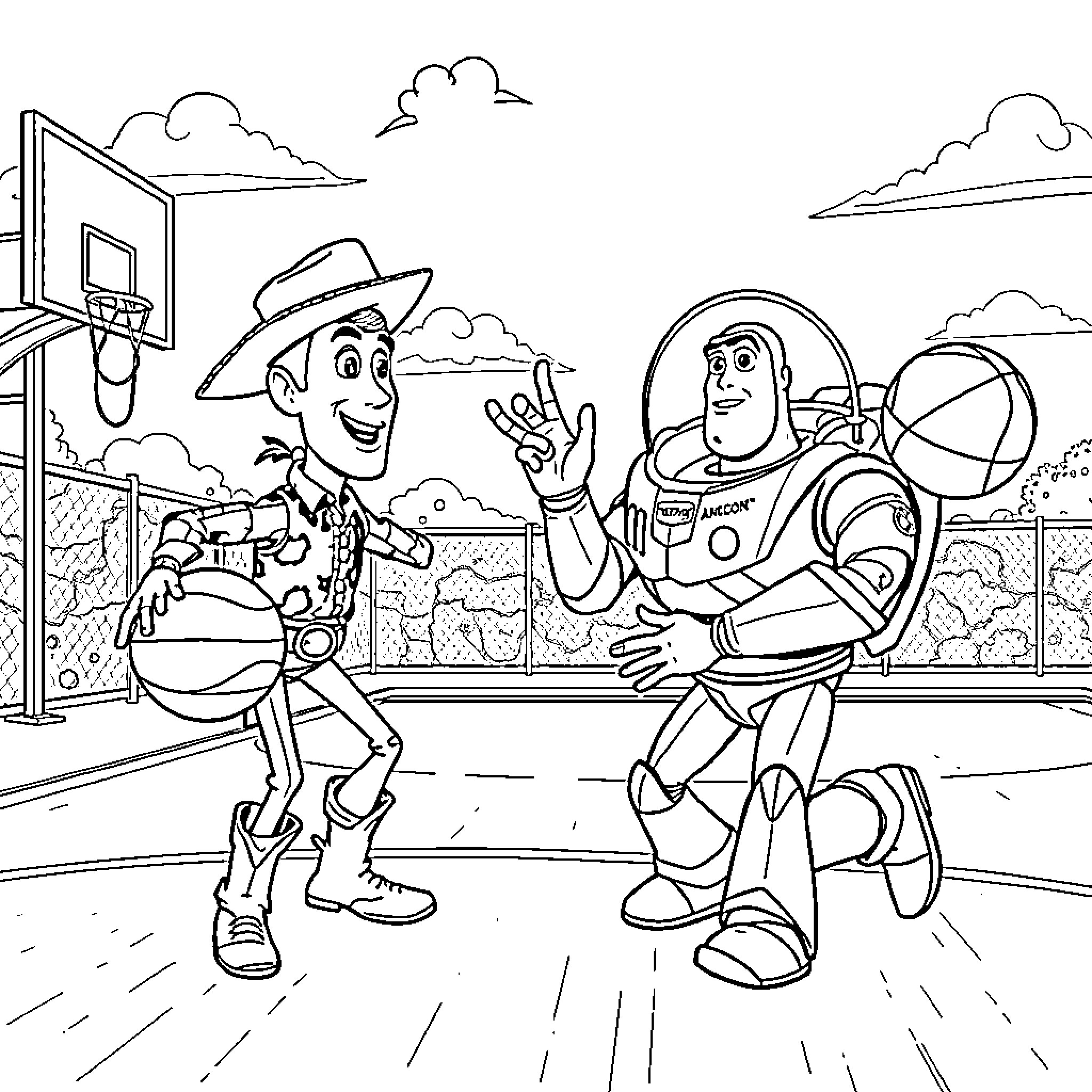 Character playing basketball with costumed companion Coloring Page (free black-and-white line drawing printable PDF for all, from beginners to advanced learners, including children, teens, adults, and seniors)