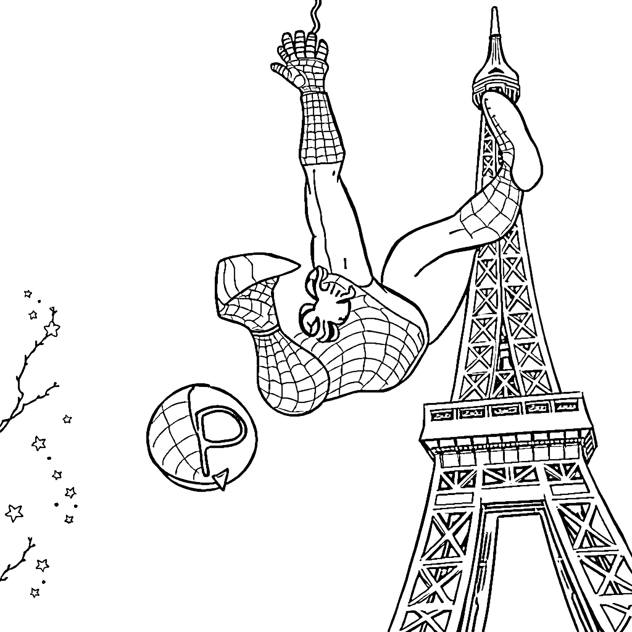 Spiderman swinging near Eiffel Tower Coloring Page (free black-and-white line drawing printable PDF for all, from beginners to advanced learners, including children, teens, adults, and seniors)