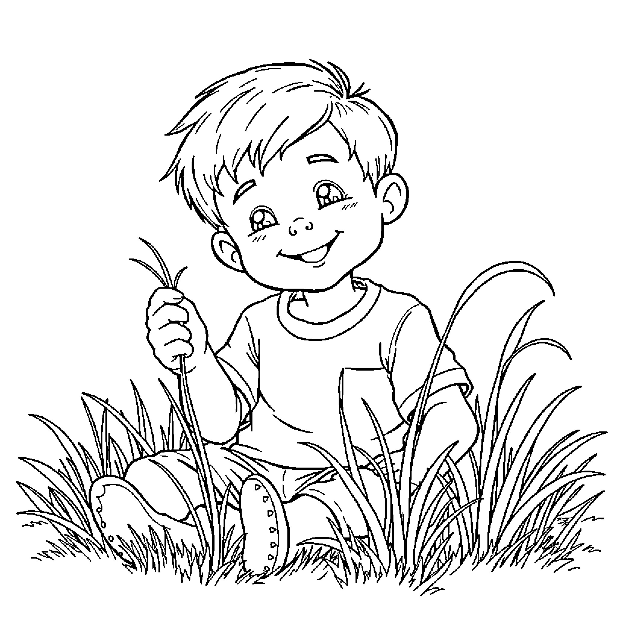 Boy exploring nature with curiosity Coloring Page (free black-and-white line drawing printable PDF for all, from beginners to advanced learners, including children, teens, adults, and seniors)