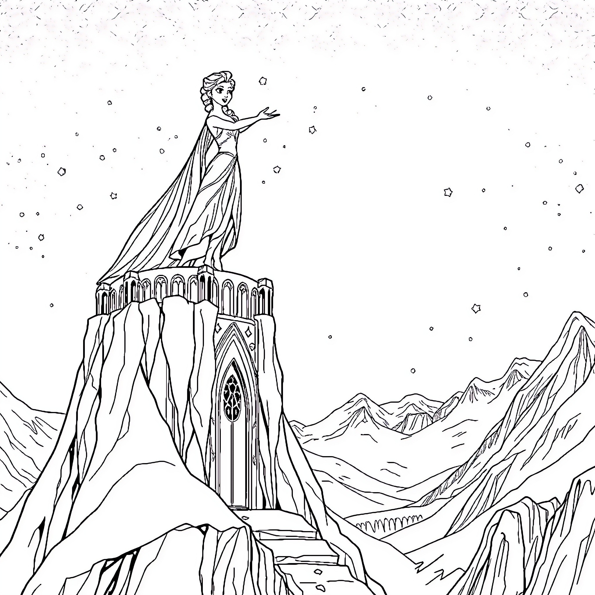 Elsa's Icy Palace in the Snowy Mountains Coloring Page (free black-and-white line drawing printable PDF for all, from beginners to advanced learners, including children, teens, adults, and seniors)