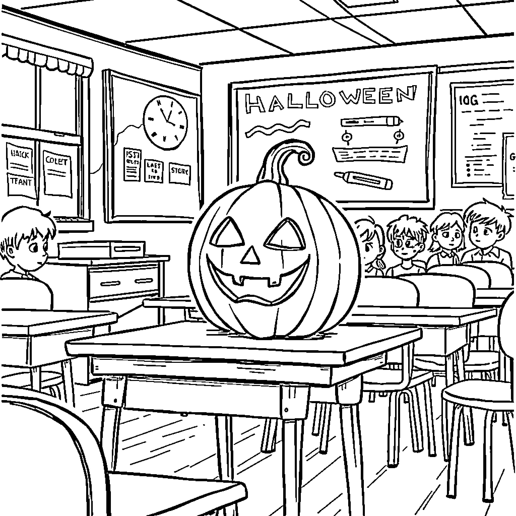 Jack-o'-lantern in the classroom on Halloween Coloring Page (free black-and-white line drawing printable PDF for all, from beginners to advanced learners, including children, teens, adults, and seniors)