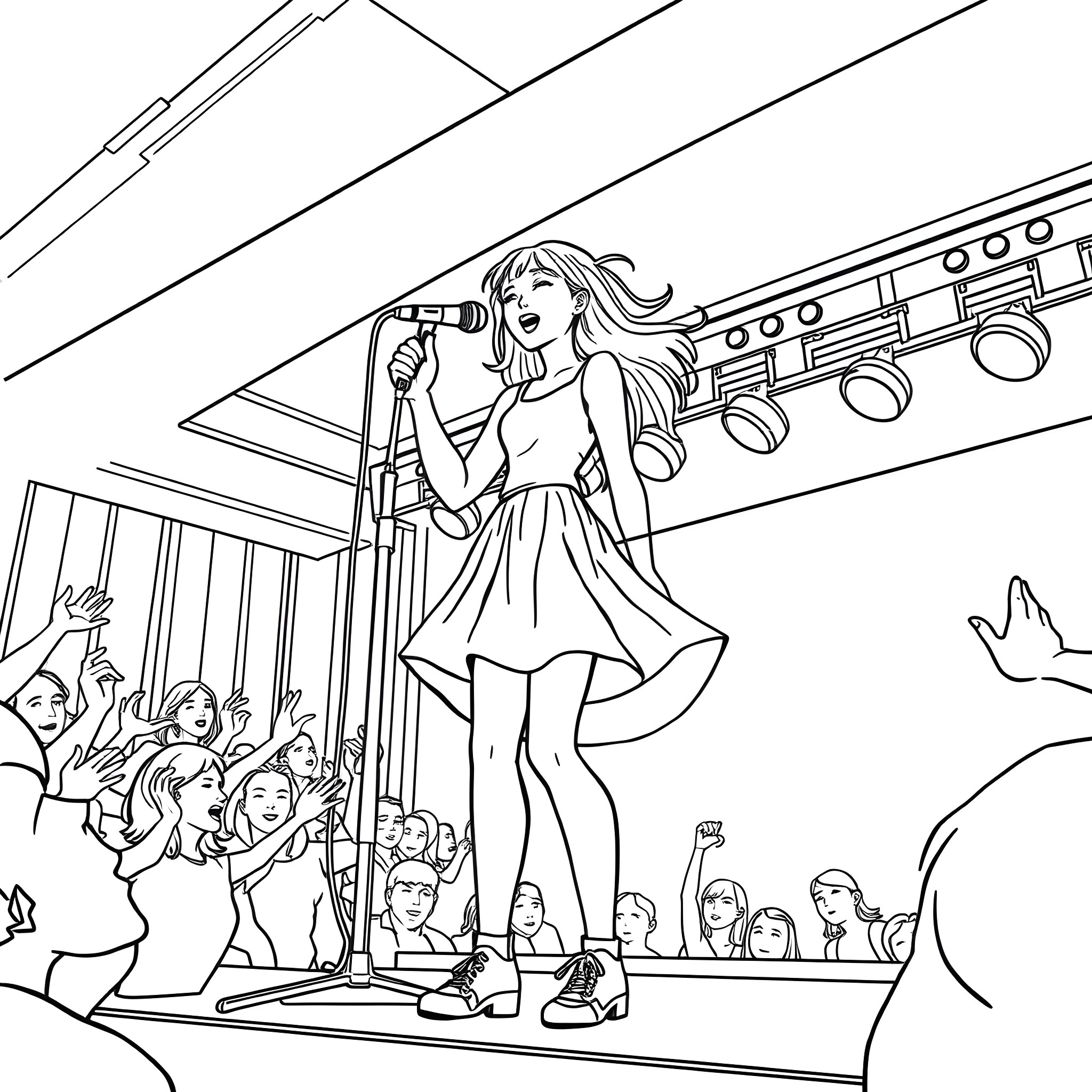 Teenage Girl Performing on Stage with Audience Coloring Page (free black-and-white line drawing printable PDF for all, from beginners to advanced learners, including children, teens, adults, and seniors)