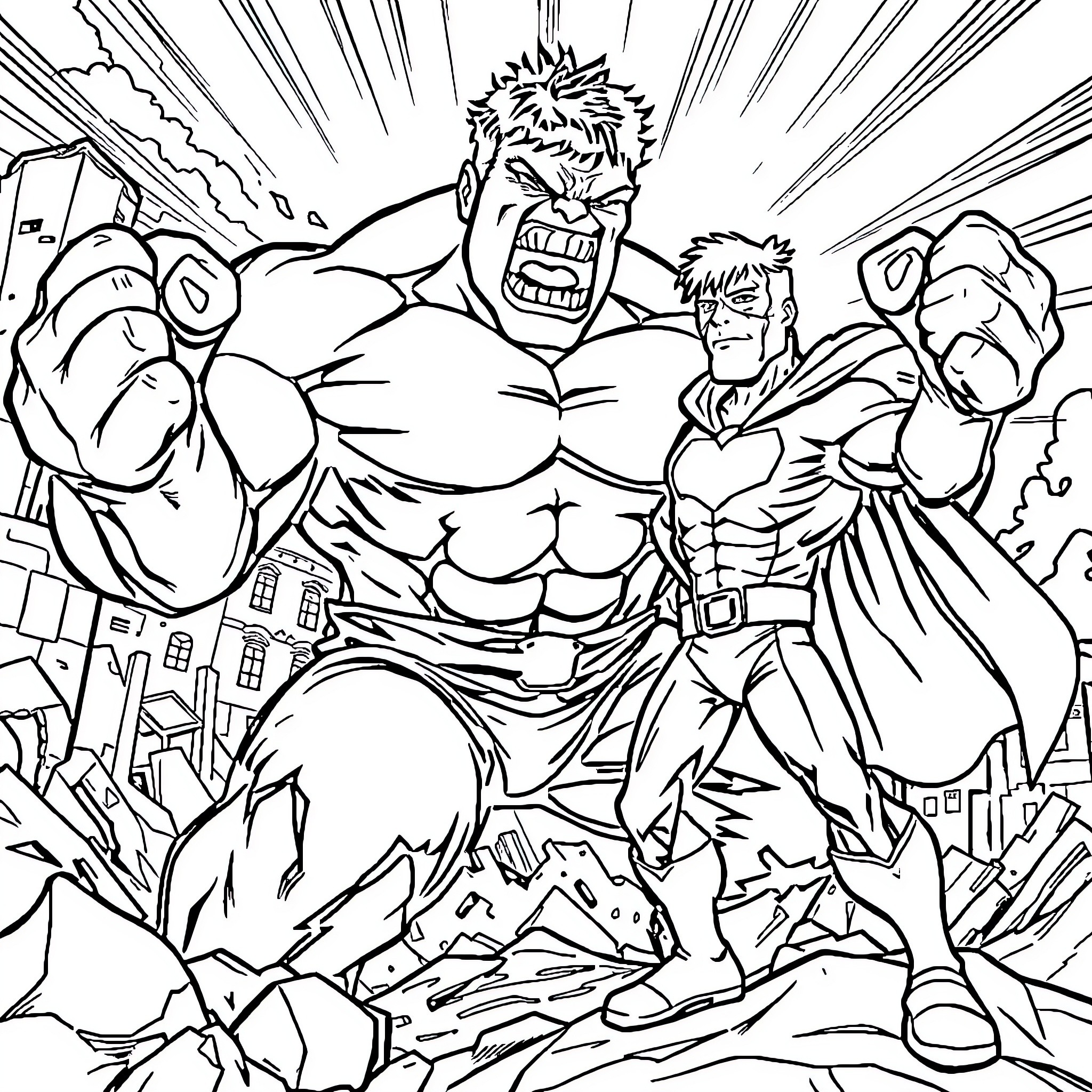 Hulk battles against heroic adversary in cityscape Coloring Page (free black-and-white line drawing printable PDF for all, from beginners to advanced learners, including children, teens, adults, and seniors)