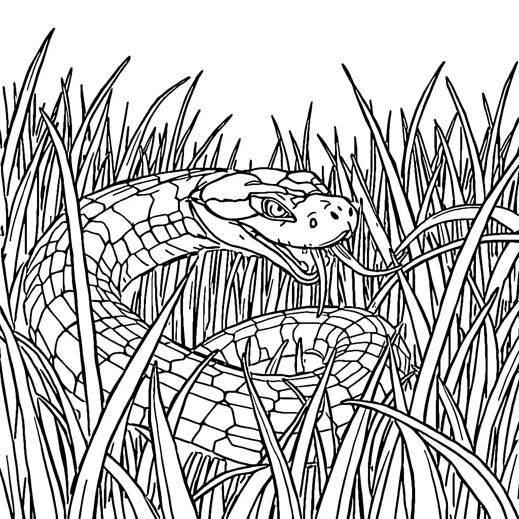 Snake slithering through tall grass Coloring Page (free black-and-white line drawing printable PDF for all, from beginners to advanced learners, including children, teens, adults, and seniors)