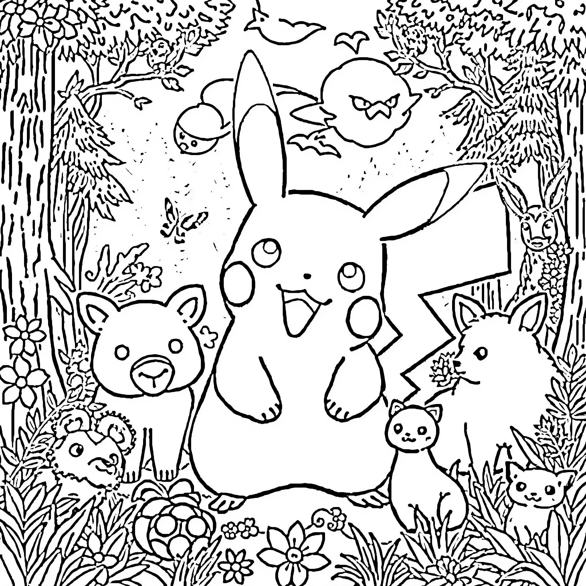 Pikachu and friends in a whimsical forest Coloring Page (free black-and-white line drawing printable PDF for all, from beginners to advanced learners, including children, teens, adults, and seniors)