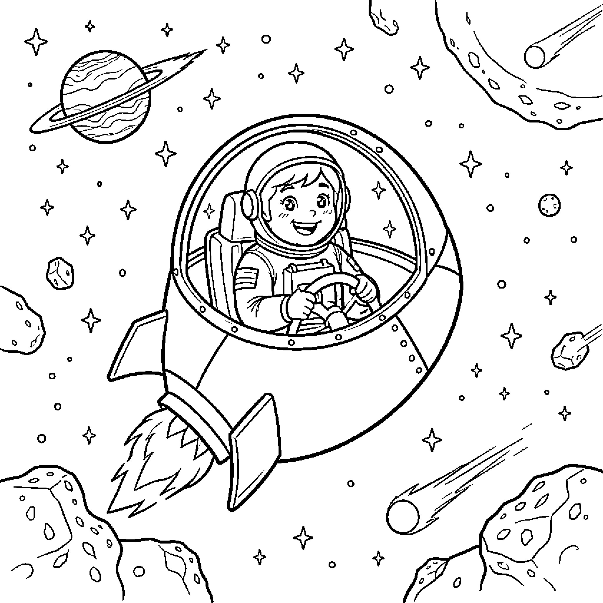 Astronaut smiling while piloting a spacecraft through space Coloring Page (free black-and-white line drawing printable PDF for all, from beginners to advanced learners, including children, teens, adults, and seniors)