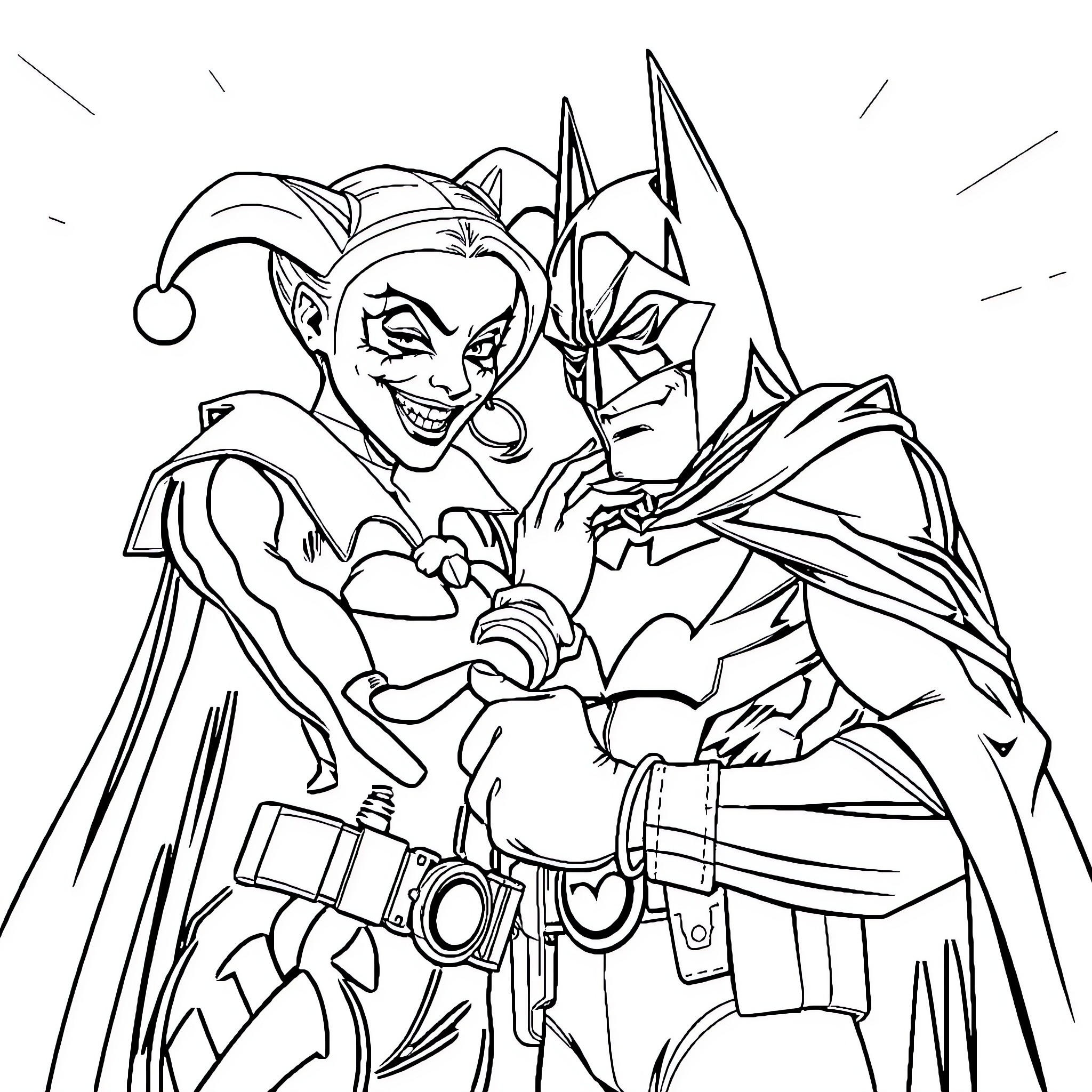 Harley Quinn and Batman in dramatic confrontation Coloring Page (free black-and-white line drawing printable PDF for all, from beginners to advanced learners, including children, teens, adults, and seniors)