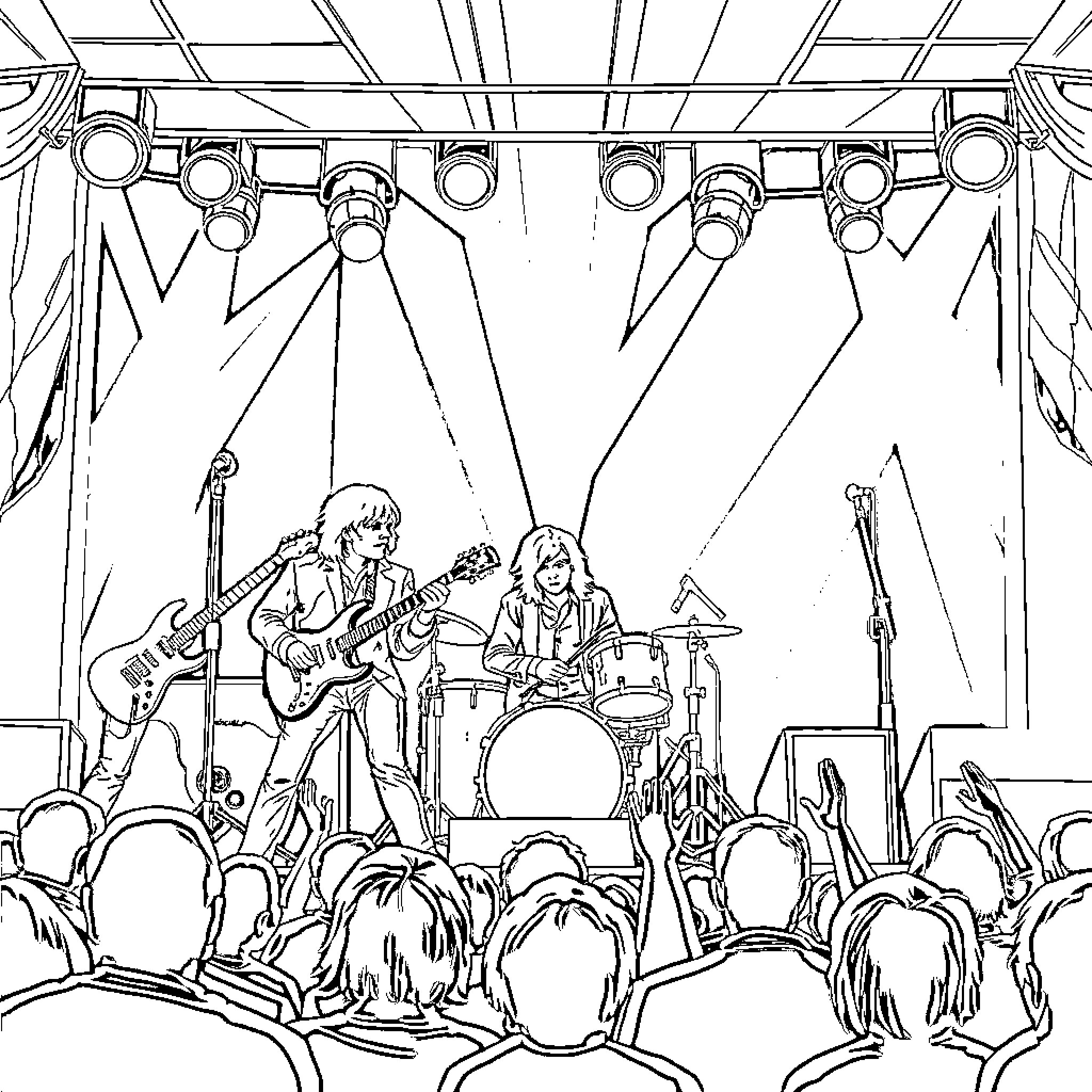 Emerson Lake & Palmer Performing on Stage Coloring Page (free black-and-white line drawing printable PDF for all, from beginners to advanced learners, including children, teens, adults, and seniors)