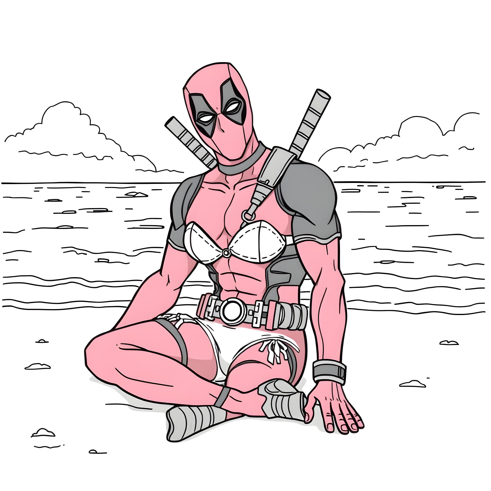 Deadpool's Heroic Pose on the Beach Coloring Page (free black-and-white line drawing printable PDF for all, from beginners to advanced learners, including children, teens, adults, and seniors)
