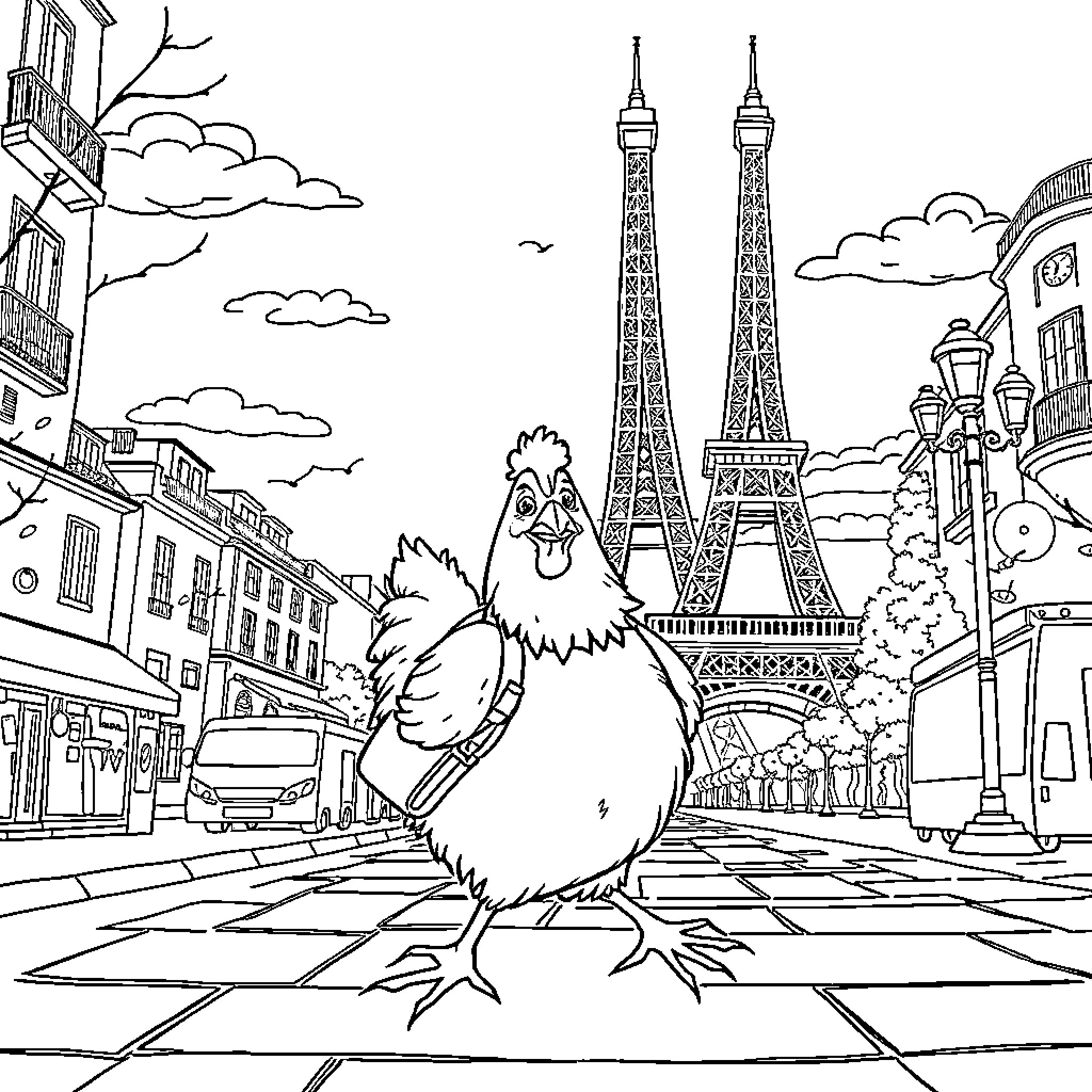 Chicken exploring the streets of Paris Coloring Page (free black-and-white line drawing printable PDF for all, from beginners to advanced learners, including children, teens, adults, and seniors)