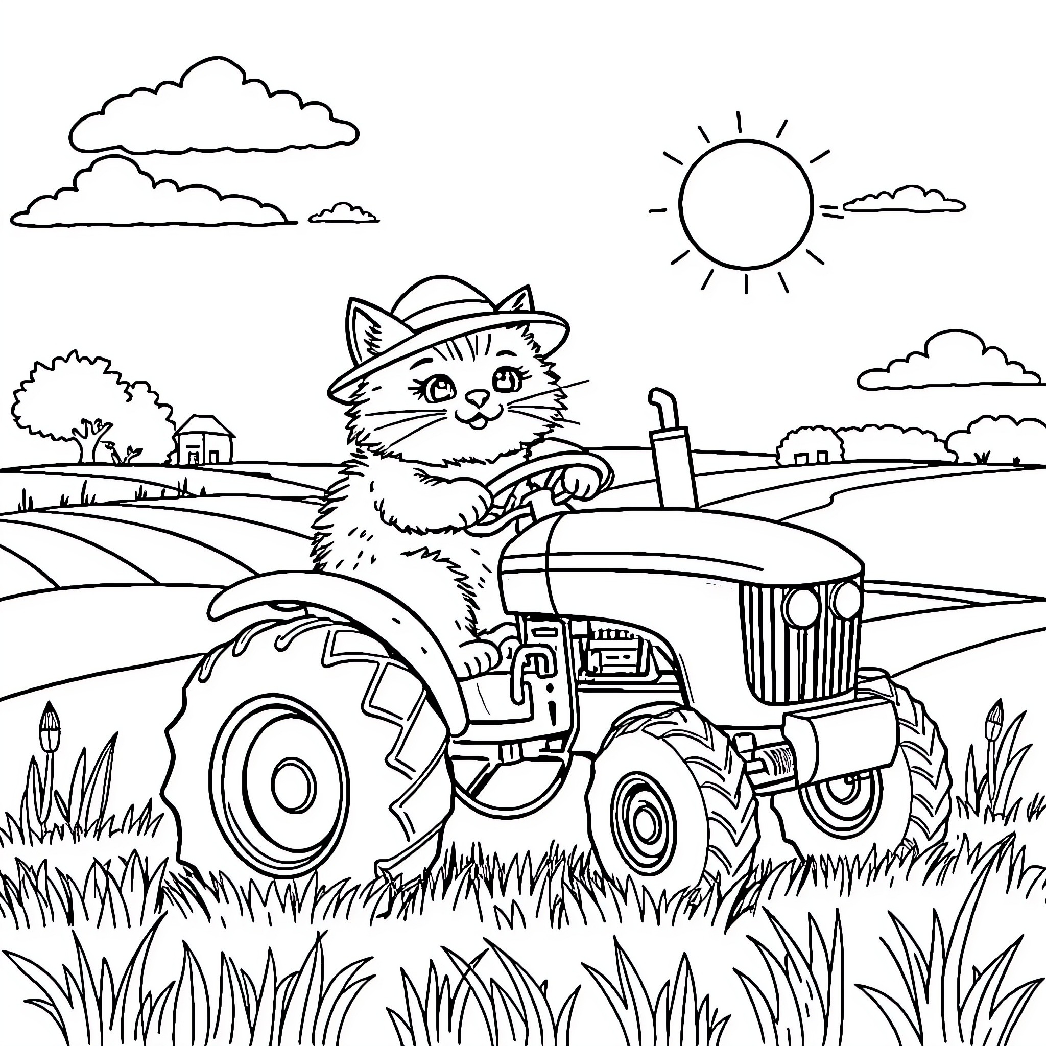Cat driving tractor on the farm Coloring Page (free black-and-white line drawing printable PDF for all, from beginners to advanced learners, including children, teens, adults, and seniors)