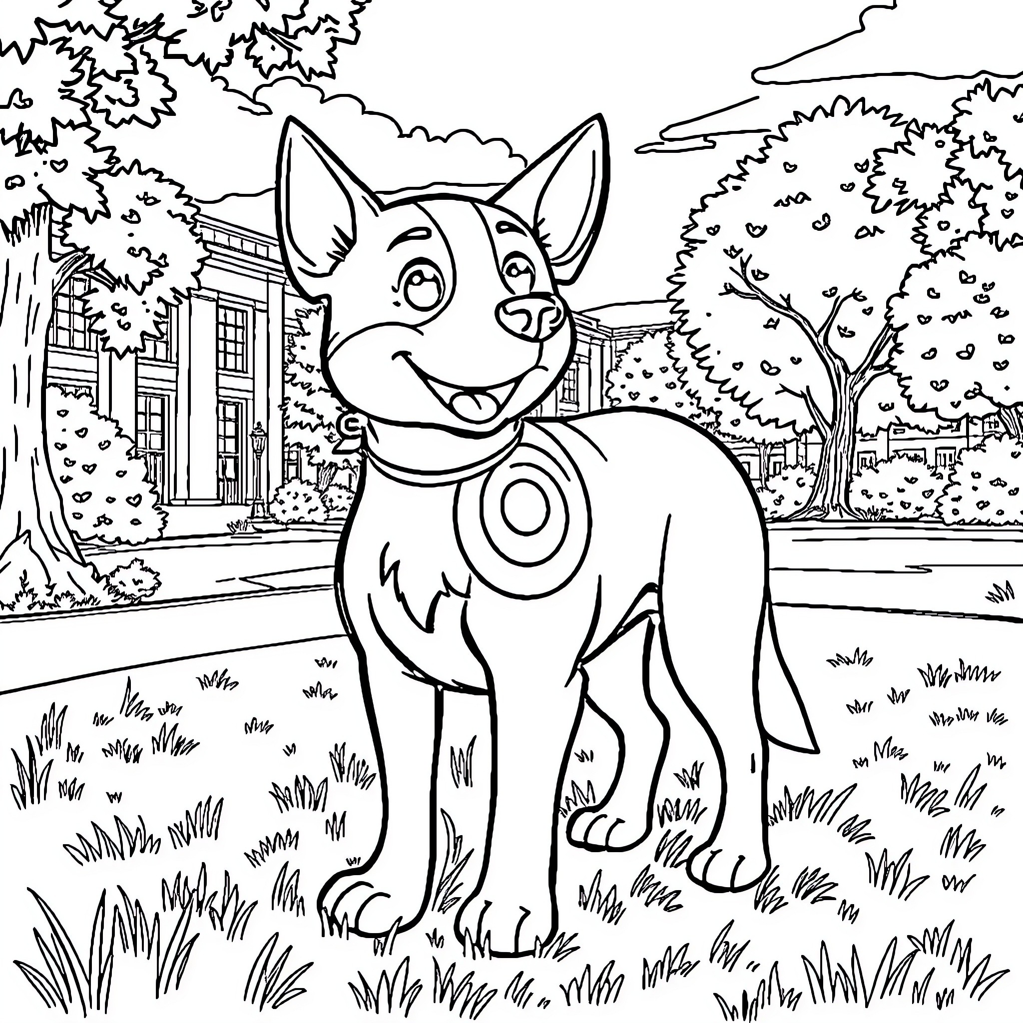 Dog playing happily in a scenic outdoor setting Coloring Page (free black-and-white line drawing printable PDF for all, from beginners to advanced learners, including children, teens, adults, and seniors)