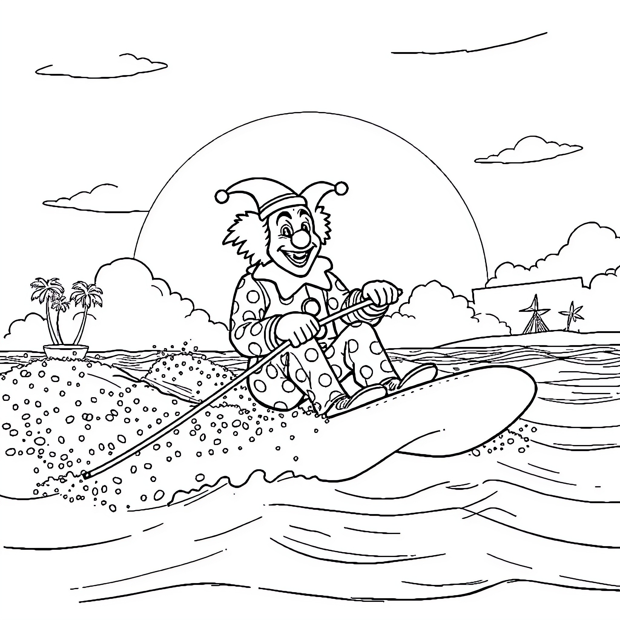Clown surfing happily on waves in a tropical scene Coloring Page (free black-and-white line drawing printable PDF for all, from beginners to advanced learners, including children, teens, adults, and seniors)
