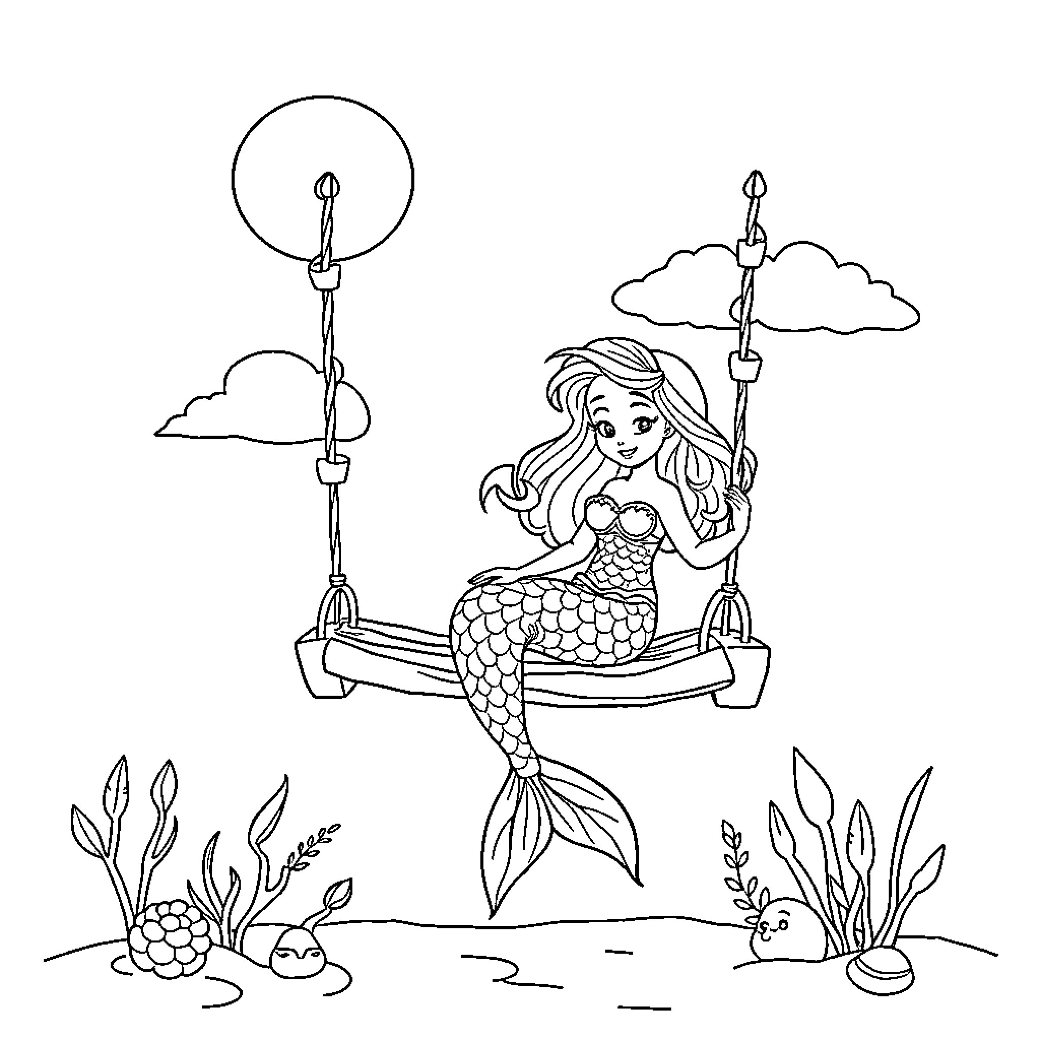 Mermaid swinging on a crescent moon over the sea Coloring Page (free black-and-white line drawing printable PDF for all, from beginners to advanced learners, including children, teens, adults, and seniors)