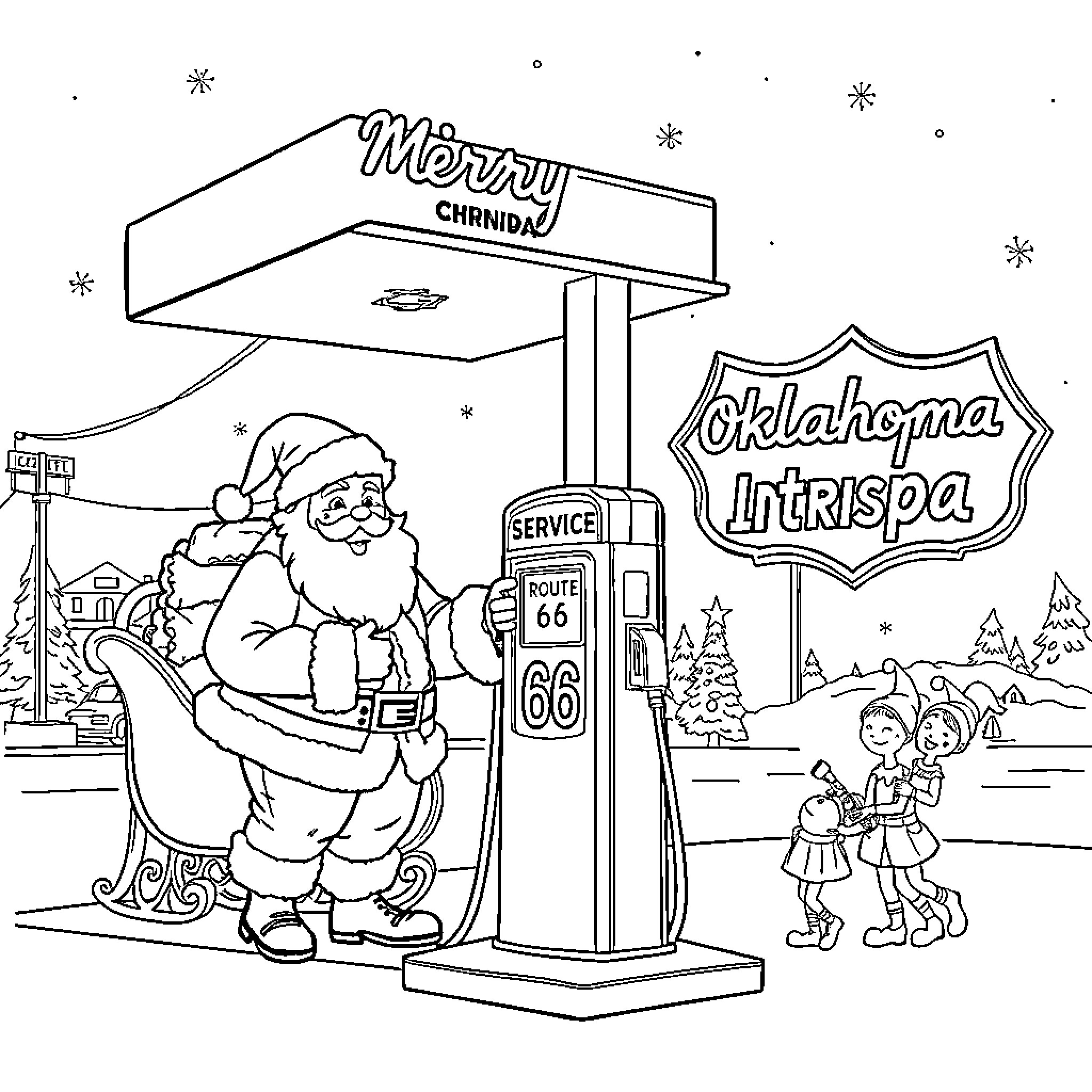 Santa refueling his sleigh at the Oklahoma intrispa Coloring Page (free black-and-white line drawing printable PDF for all, from beginners to advanced learners, including children, teens, adults, and seniors)