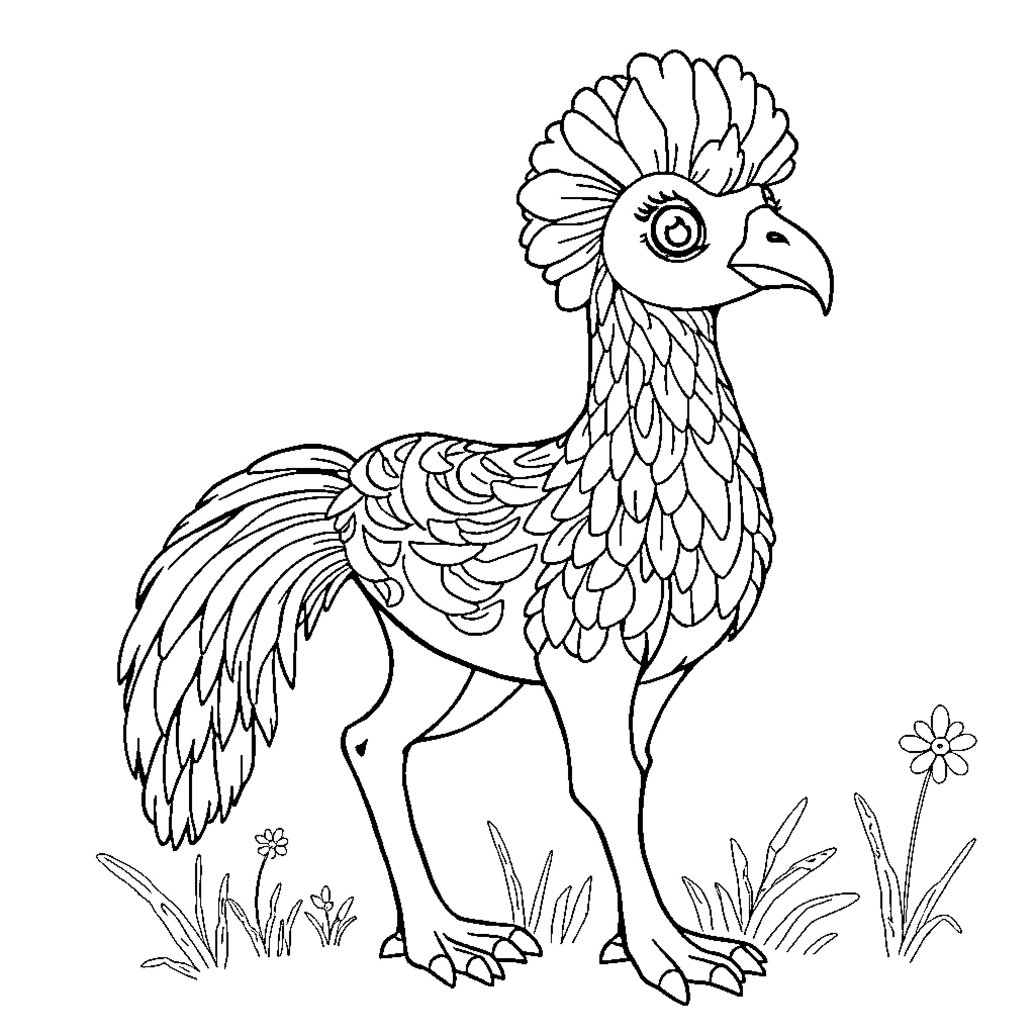 Célula de ave exótica em ilustração Coloring Page (free black-and-white line drawing printable PDF for all, from beginners to advanced learners, including children, teens, adults, and seniors)