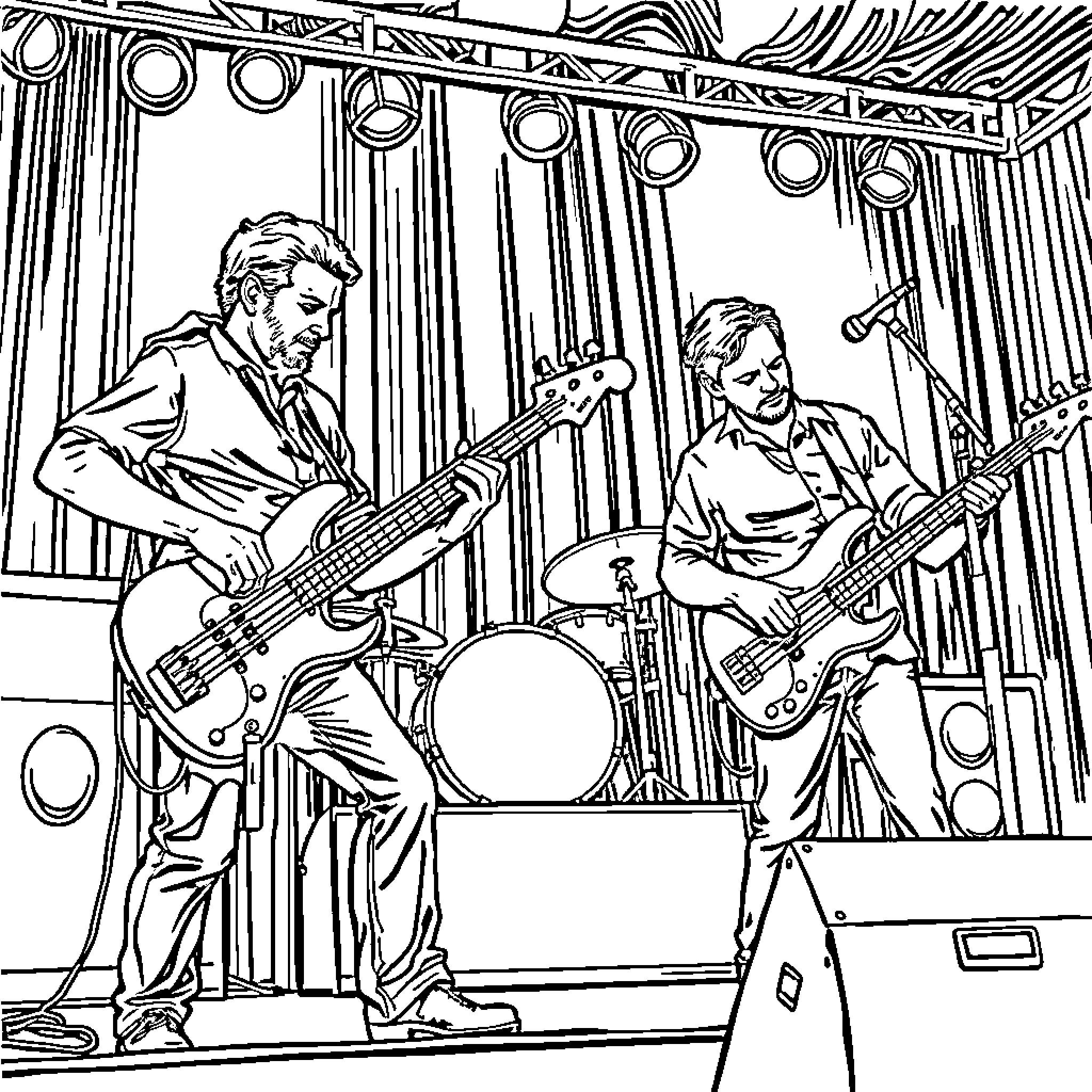 Man playing music with band on stage Coloring Page (free black-and-white line drawing printable PDF for all, from beginners to advanced learners, including children, teens, adults, and seniors)