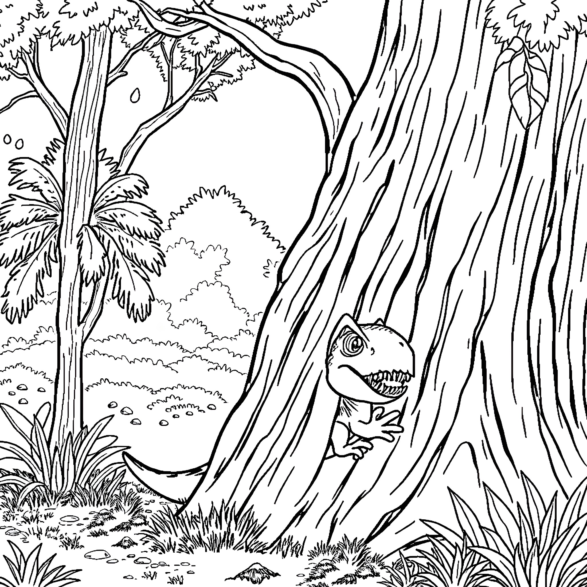 T-Rex peeking out from behind the trees Coloring Page (free black-and-white line drawing printable PDF for all, from beginners to advanced learners, including children, teens, adults, and seniors)