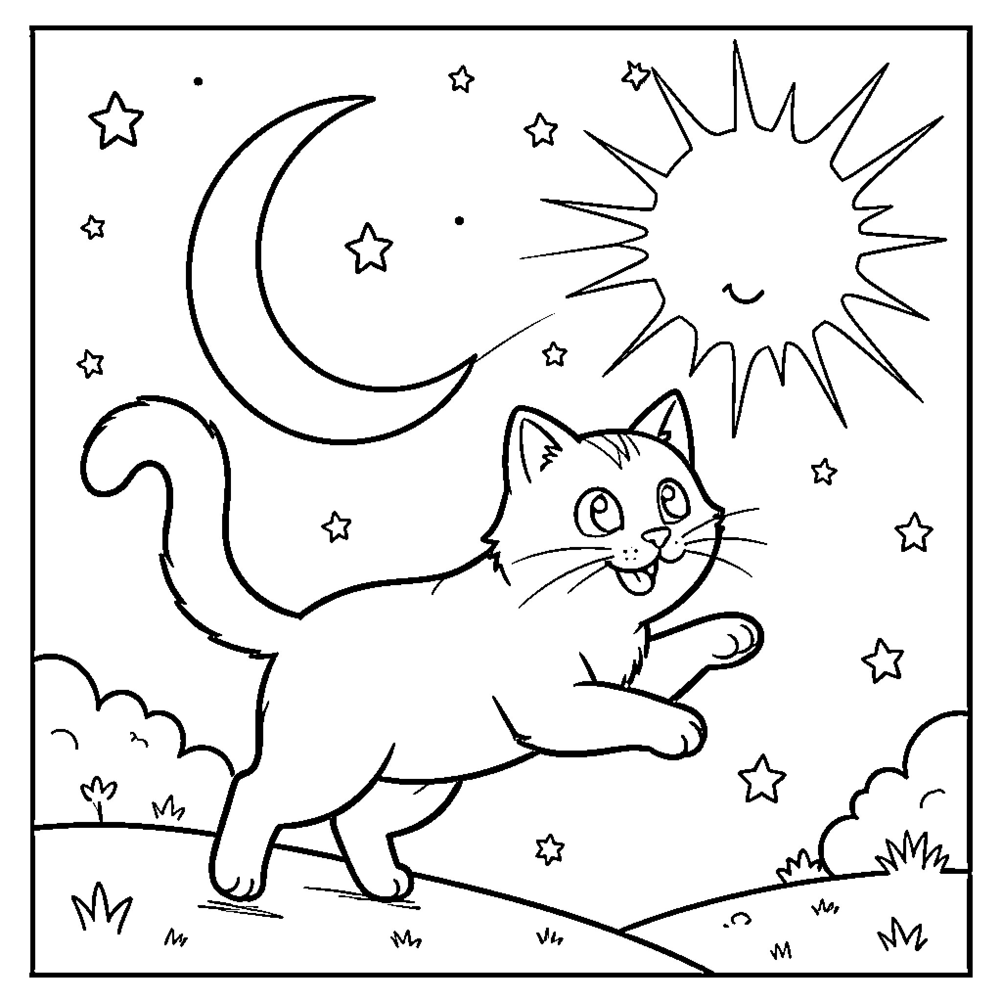 Cat playing under the night sky Coloring Page (free black-and-white line drawing printable PDF for all, from beginners to advanced learners, including children, teens, adults, and seniors)