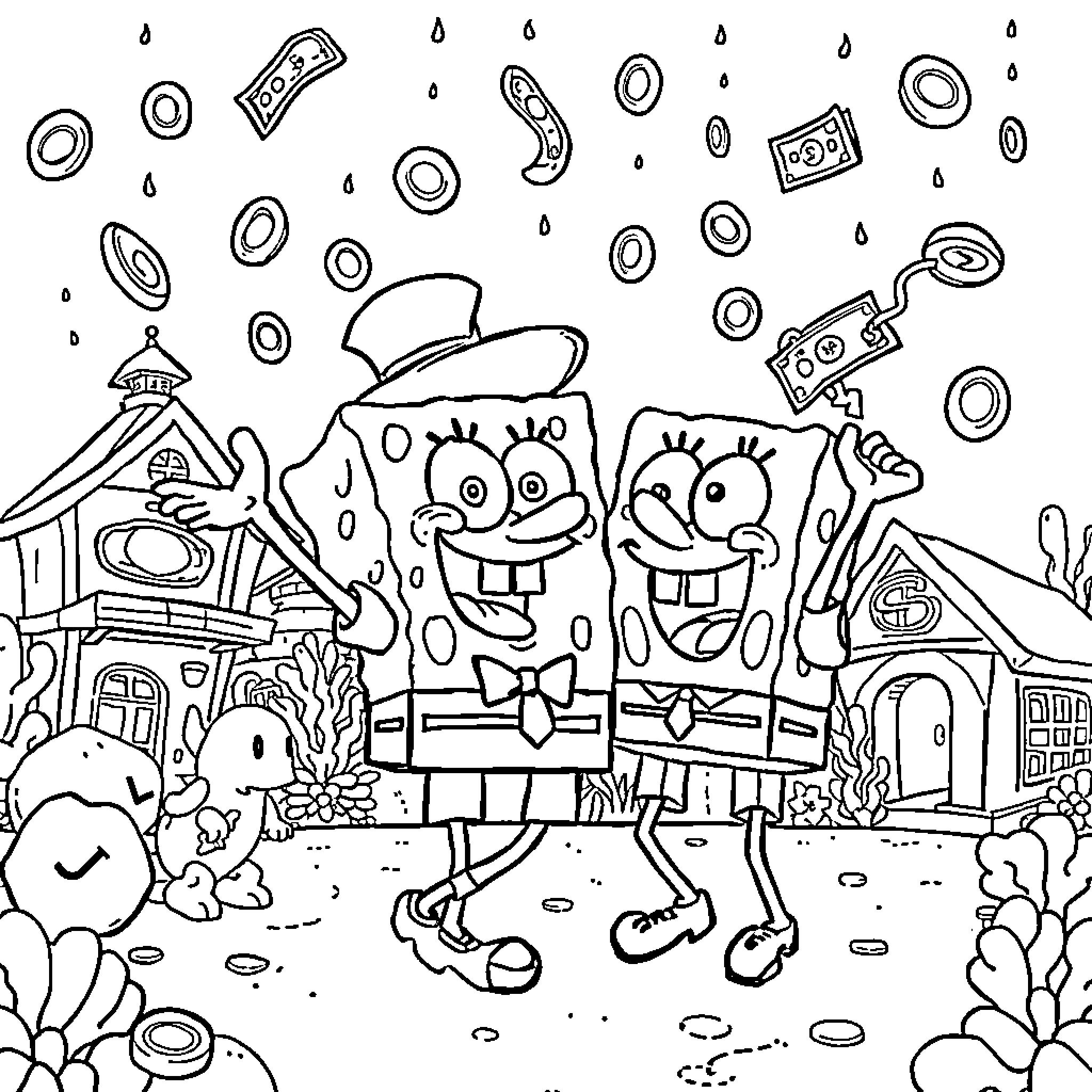 Spongebob and friends in a fun, silly scene Coloring Page (free black-and-white line drawing printable PDF for all, from beginners to advanced learners, including children, teens, adults, and seniors)