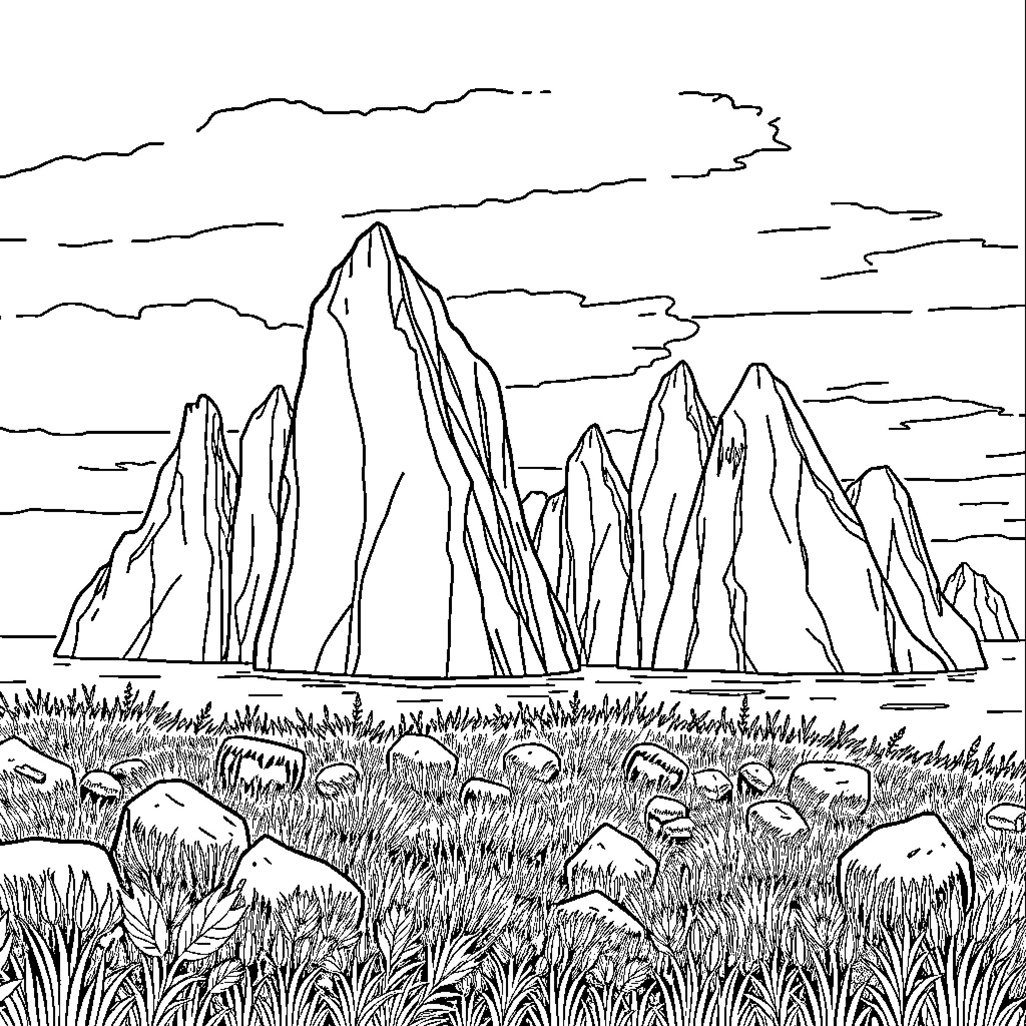 Iceberg-shaped Mountains in a Serene Landscape Coloring Page (free black-and-white line drawing printable PDF for all, from beginners to advanced learners, including children, teens, adults, and seniors)