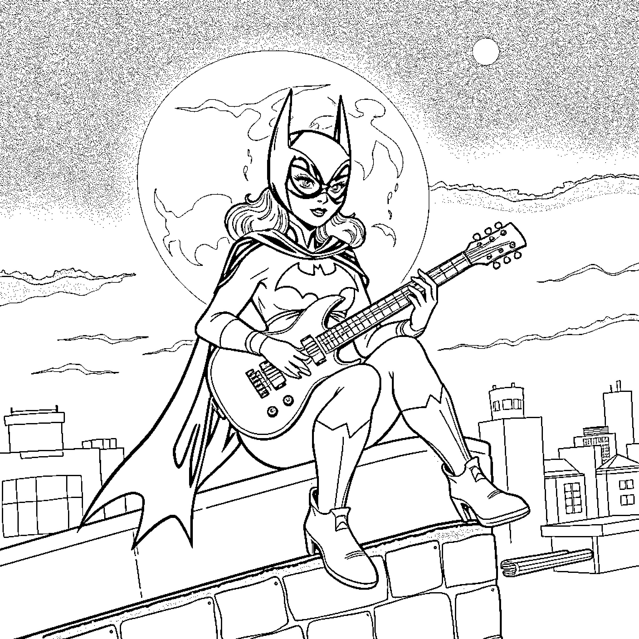 Batgirl rocks out with her guitar under the moonlight Coloring Page (free black-and-white line drawing printable PDF for all, from beginners to advanced learners, including children, teens, adults, and seniors)