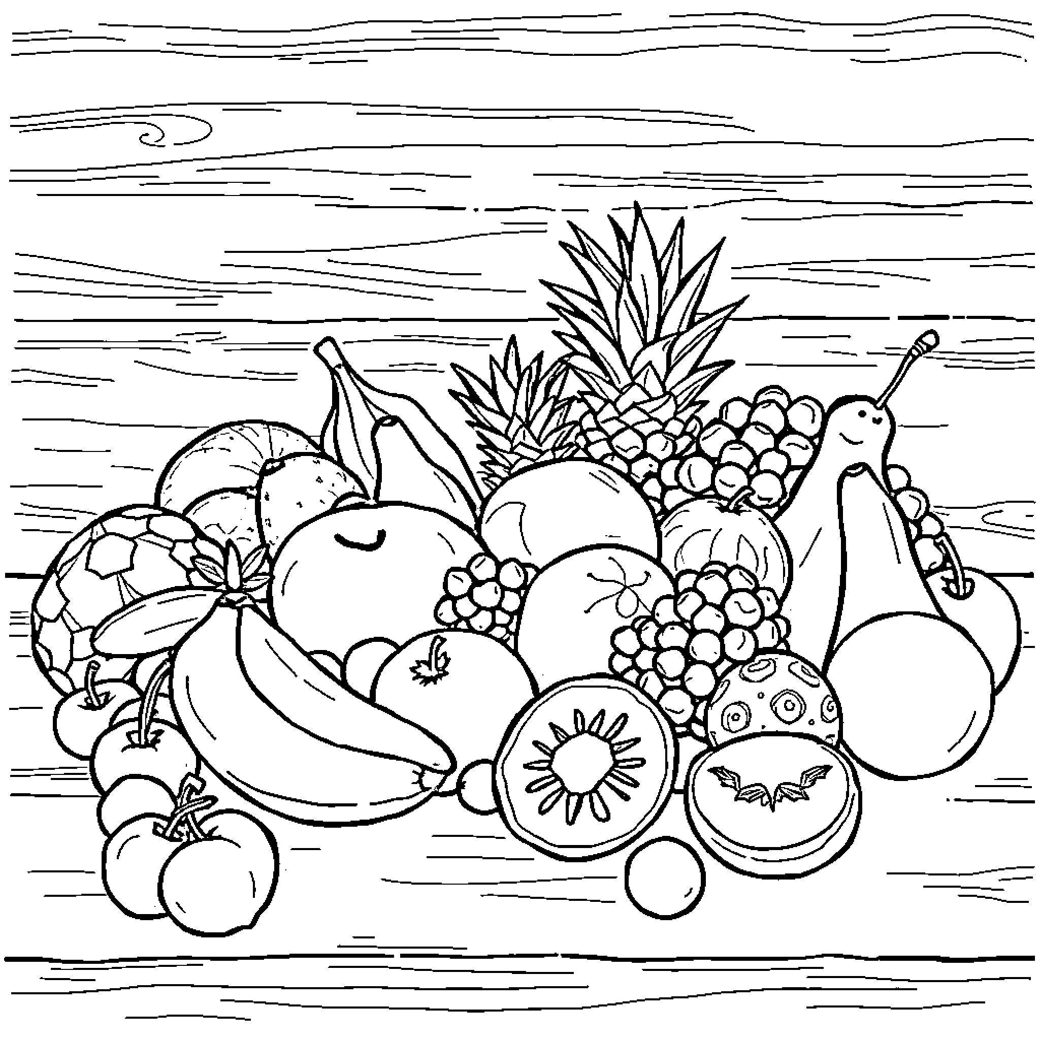 Fruit-filled Delight: A Bountiful Collection Coloring Page (free black-and-white line drawing printable PDF for all, from beginners to advanced learners, including children, teens, adults, and seniors)