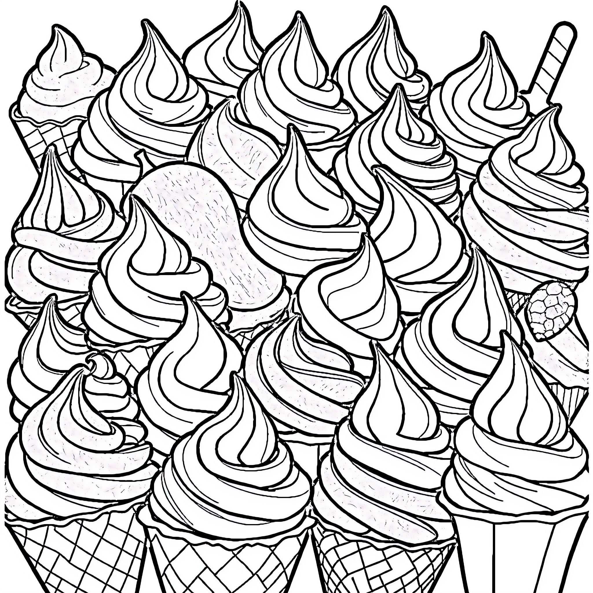 Ice Cream Cones in Abstract Design Coloring Page (free black-and-white line drawing printable PDF for all, from beginners to advanced learners, including children, teens, adults, and seniors)