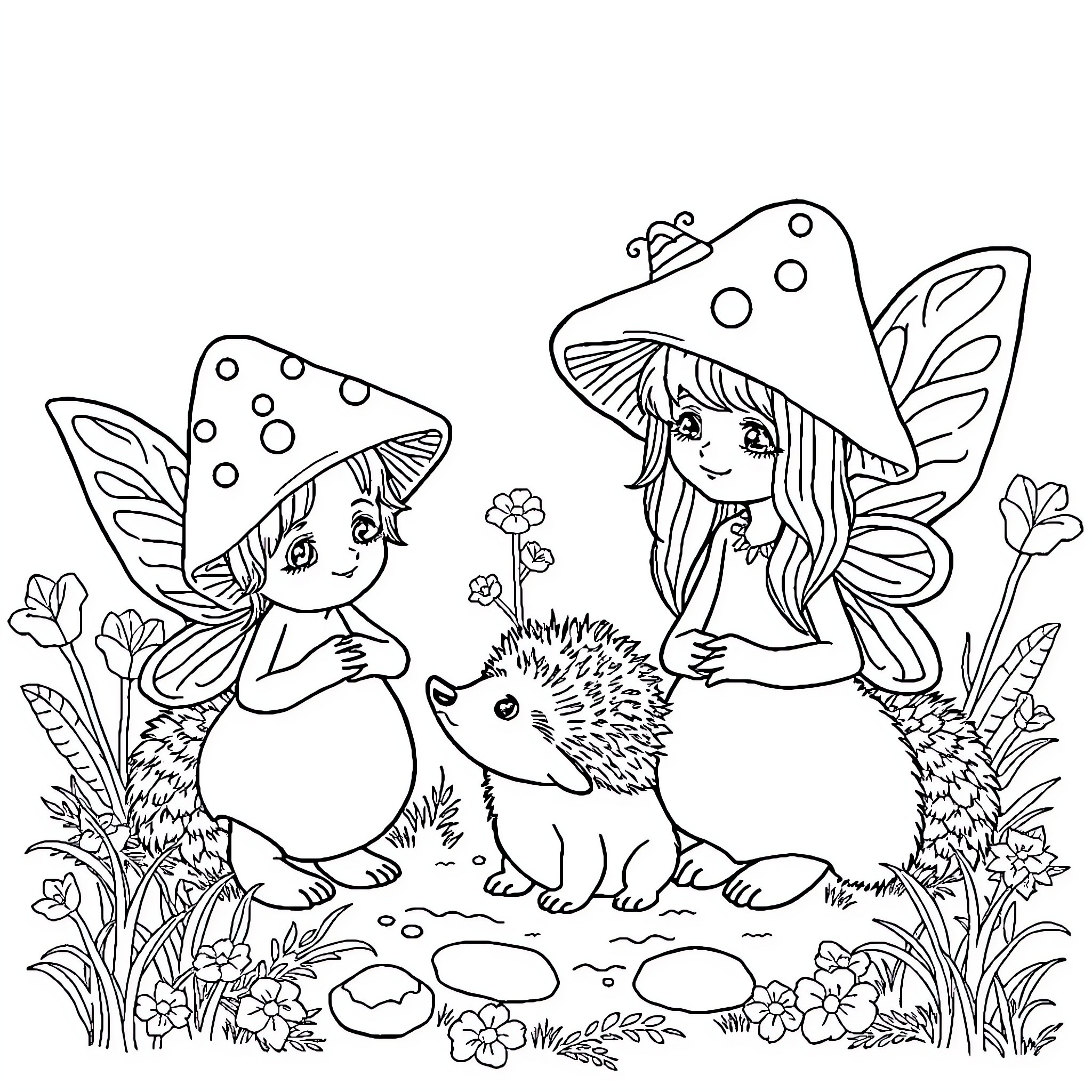 Mushroom Fairies and Hedgehog in the Enchanted Forest Coloring Page (free black-and-white line drawing printable PDF for all, from beginners to advanced learners, including children, teens, adults, and seniors)