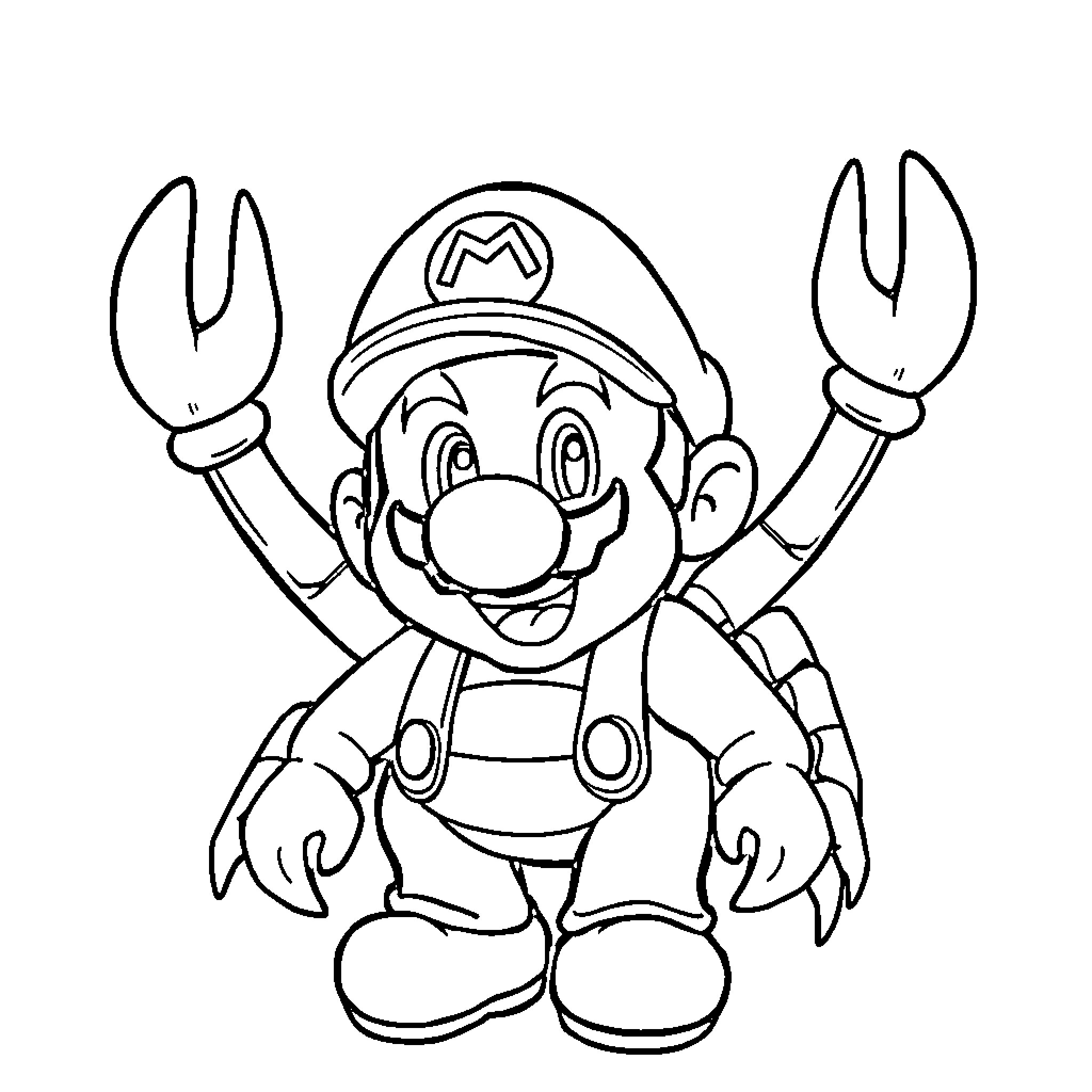 Mario Happily Fixing and Exploring Coloring Page (free black-and-white line drawing printable PDF for all, from beginners to advanced learners, including children, teens, adults, and seniors)