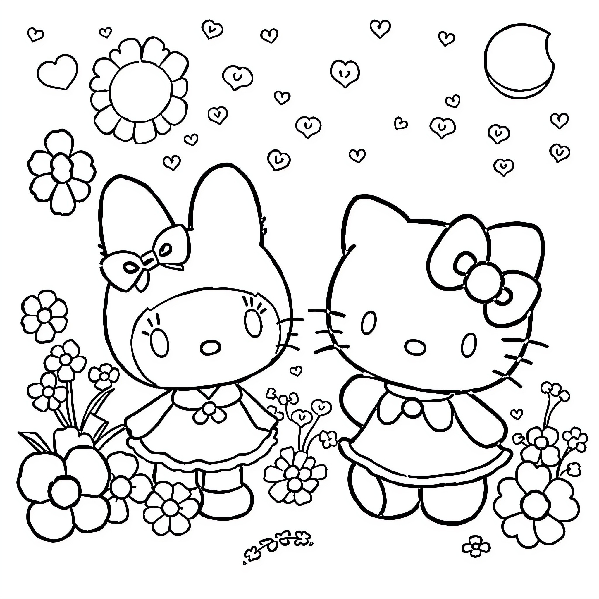 Sanrio Friends Playing in Floral Garden Coloring Page (free black-and-white line drawing printable PDF for all, from beginners to advanced learners, including children, teens, adults, and seniors)