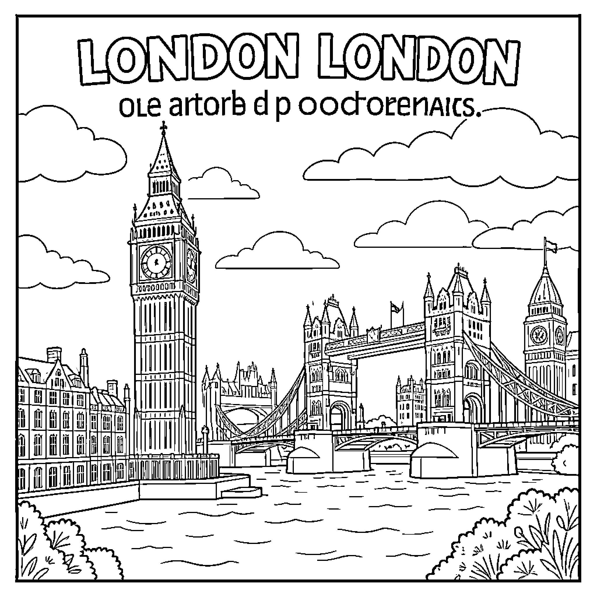 London landmarks and buildings along the river Coloring Page (free black-and-white line drawing printable PDF for all, from beginners to advanced learners, including children, teens, adults, and seniors)