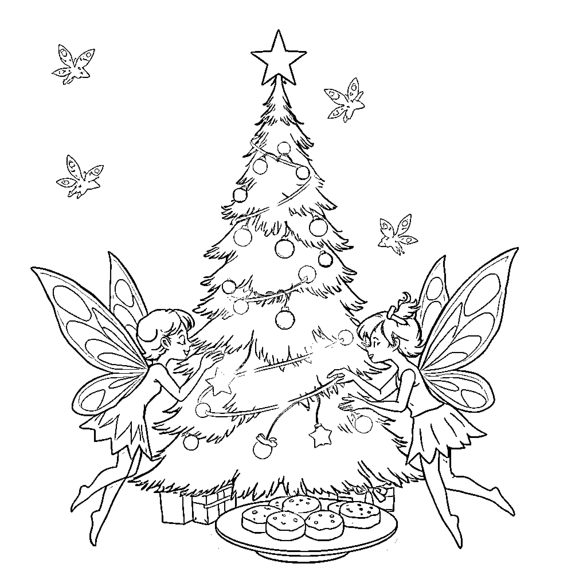Fairy decorating a festive tree with friends Coloring Page (free black-and-white line drawing printable PDF for all, from beginners to advanced learners, including children, teens, adults, and seniors)