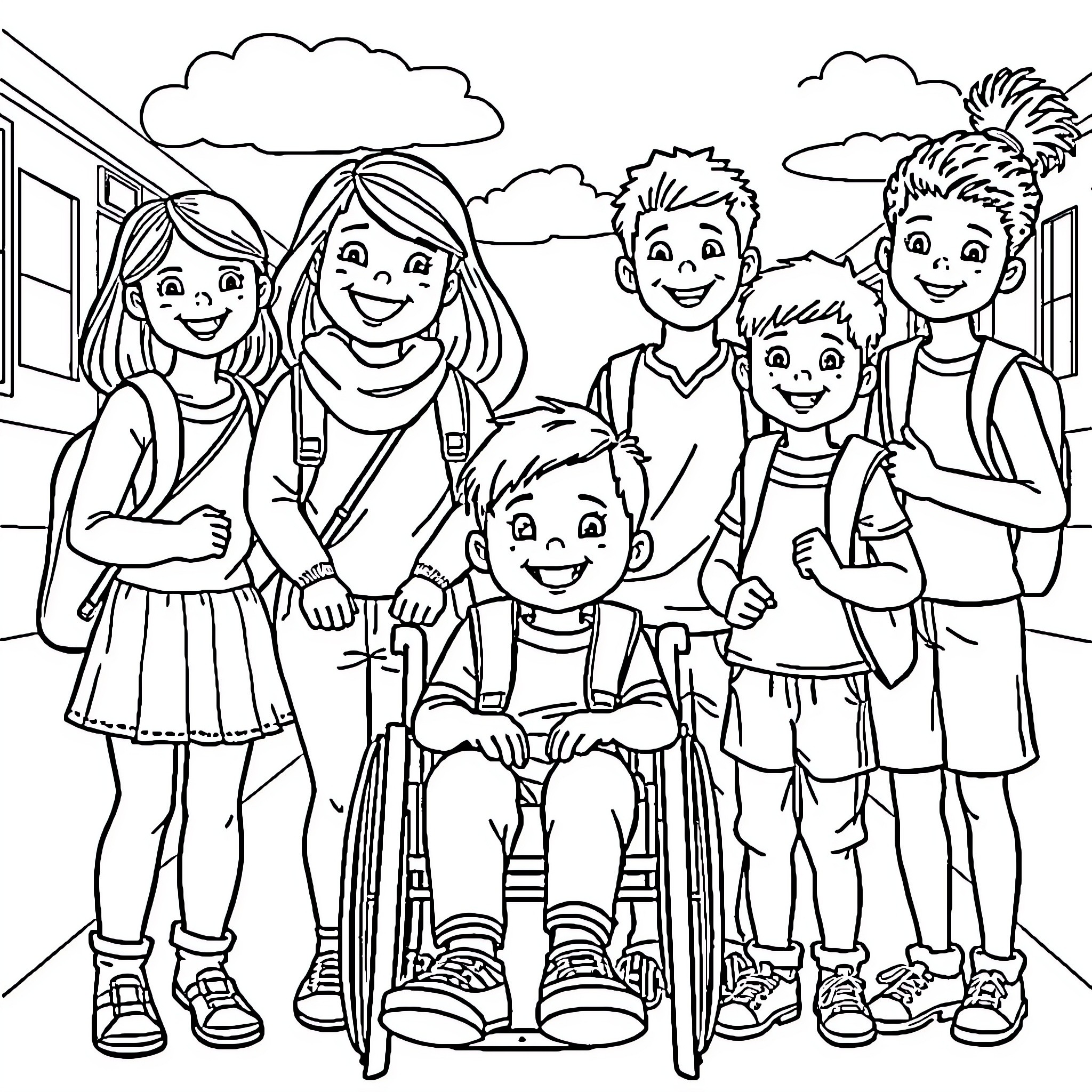 Students in Wheelchairs Enjoying Time with Friends Coloring Page (free black-and-white line drawing printable PDF for all, from beginners to advanced learners, including children, teens, adults, and seniors)