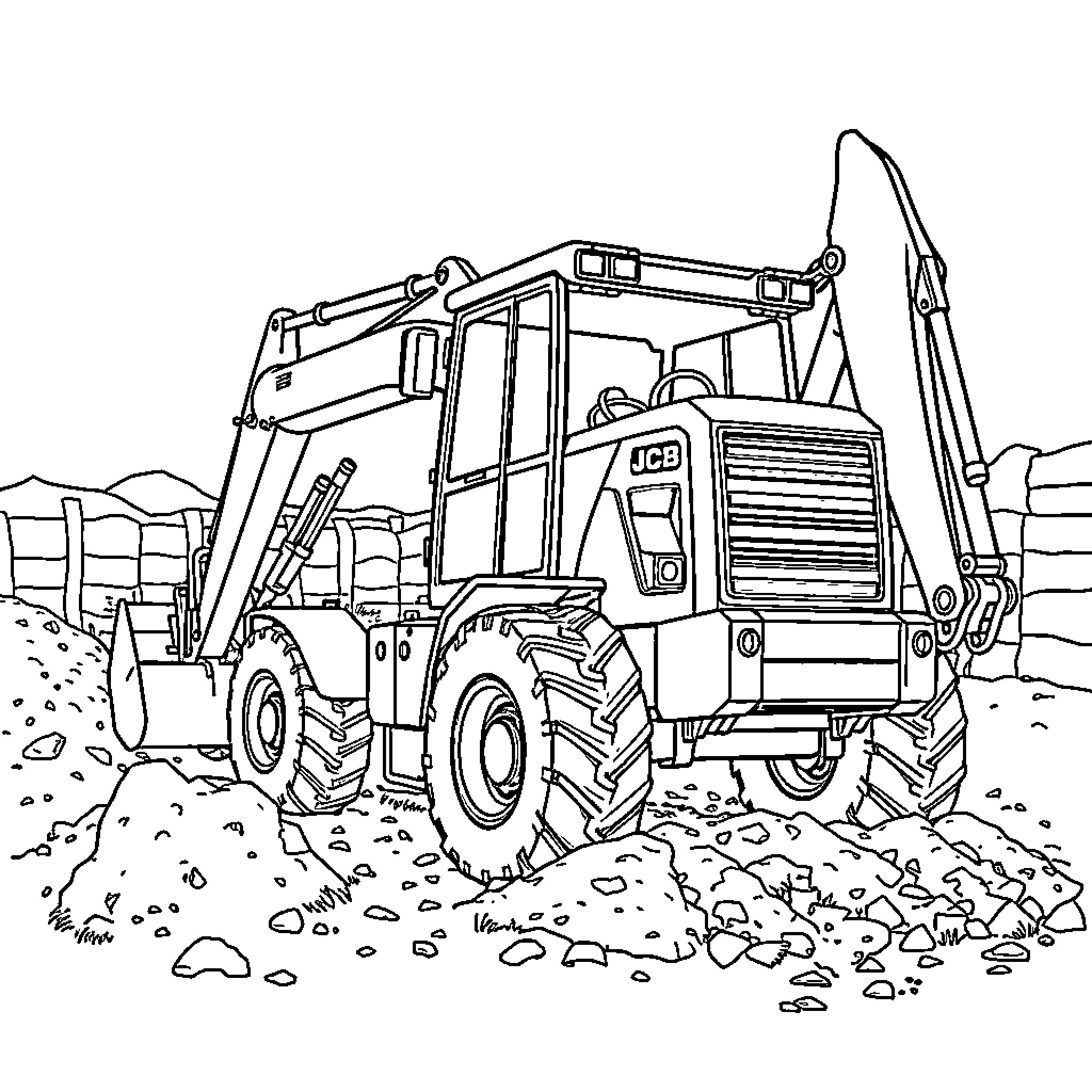 JCB Construction Vehicle Operating on Site Coloring Page (free black-and-white line drawing printable PDF for all, from beginners to advanced learners, including children, teens, adults, and seniors)