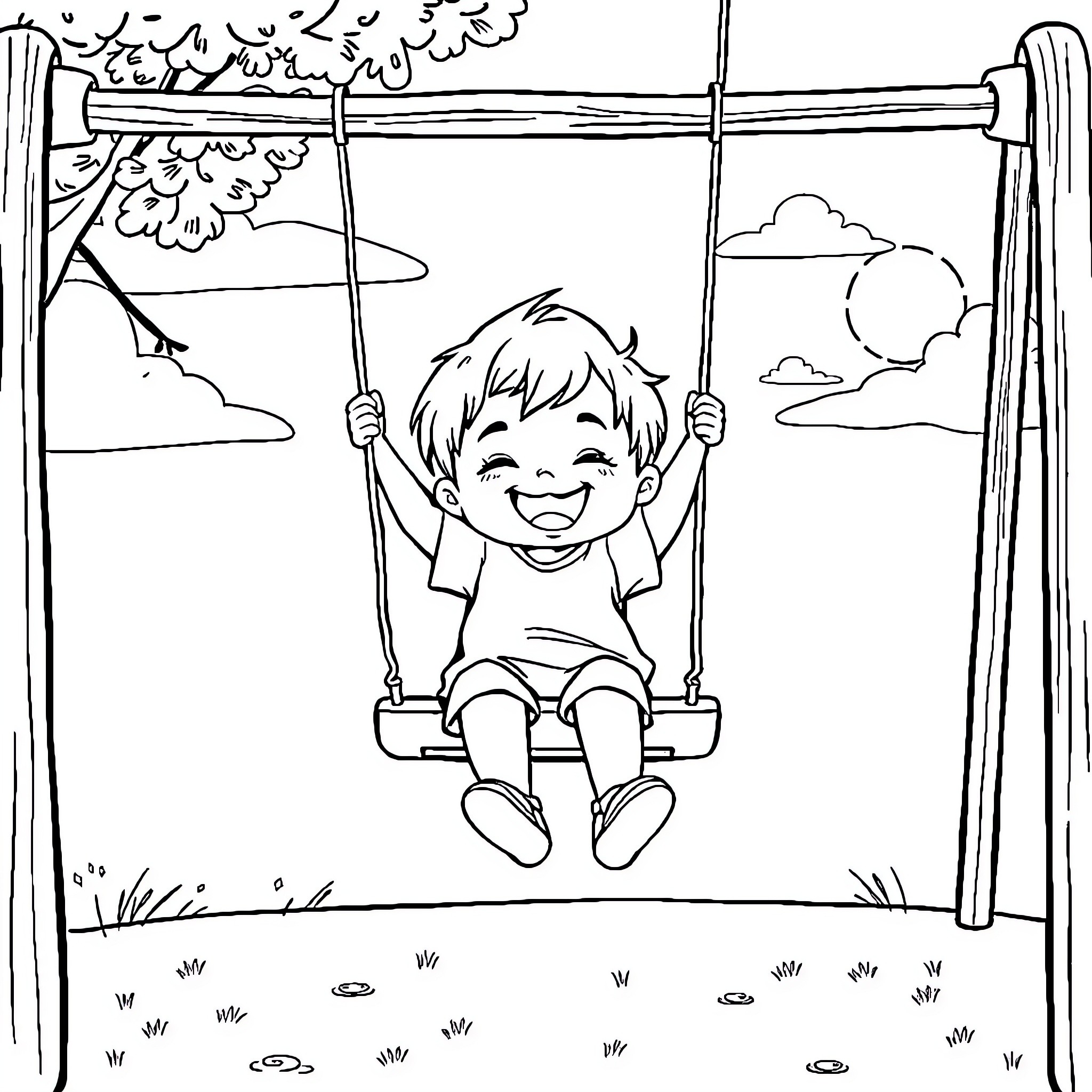 Child enjoying playground swing in the outdoors Coloring Page (free black-and-white line drawing printable PDF for all, from beginners to advanced learners, including children, teens, adults, and seniors)
